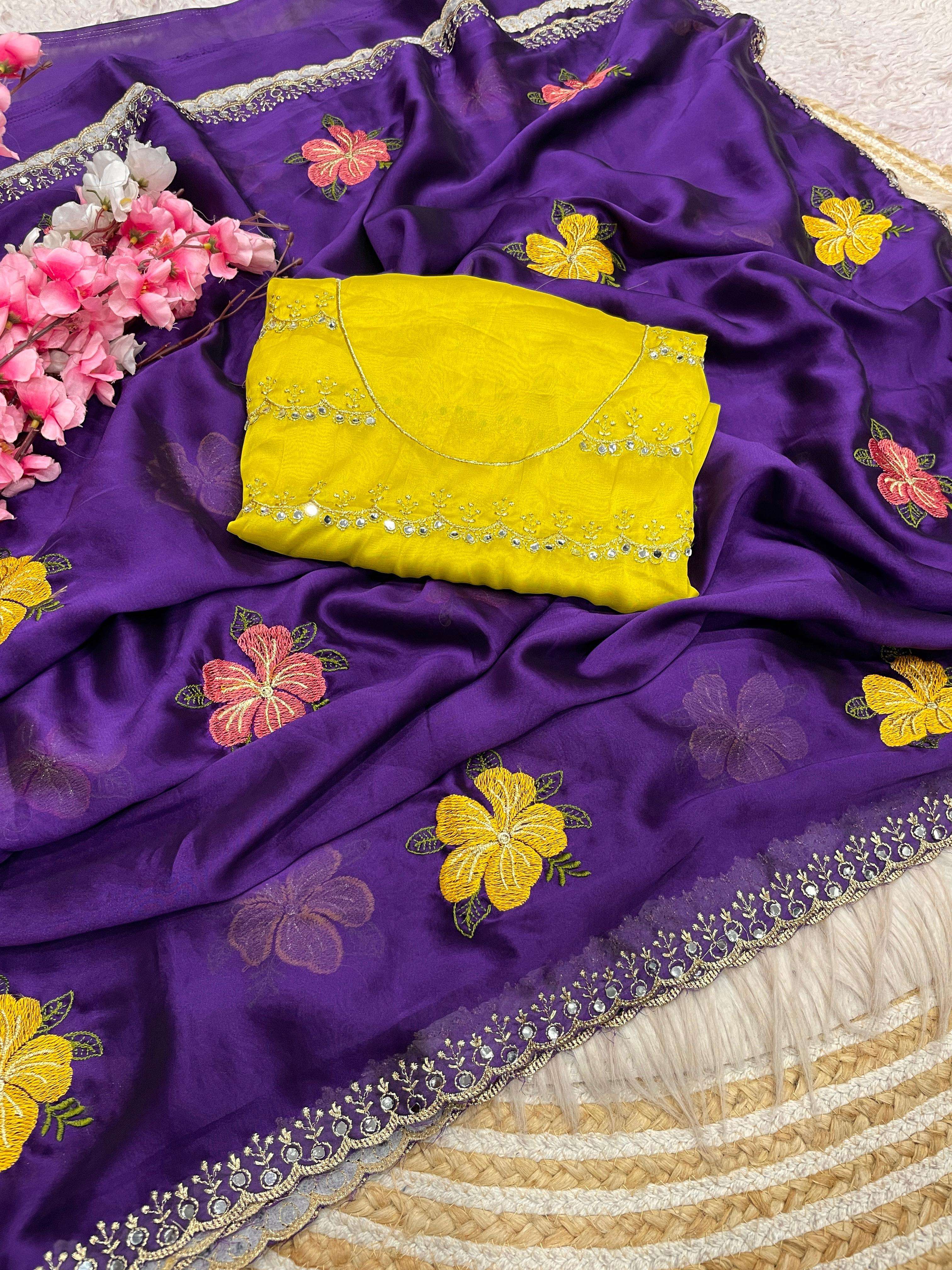Rangoli silk fabric with multi flower embroidery work on sar...