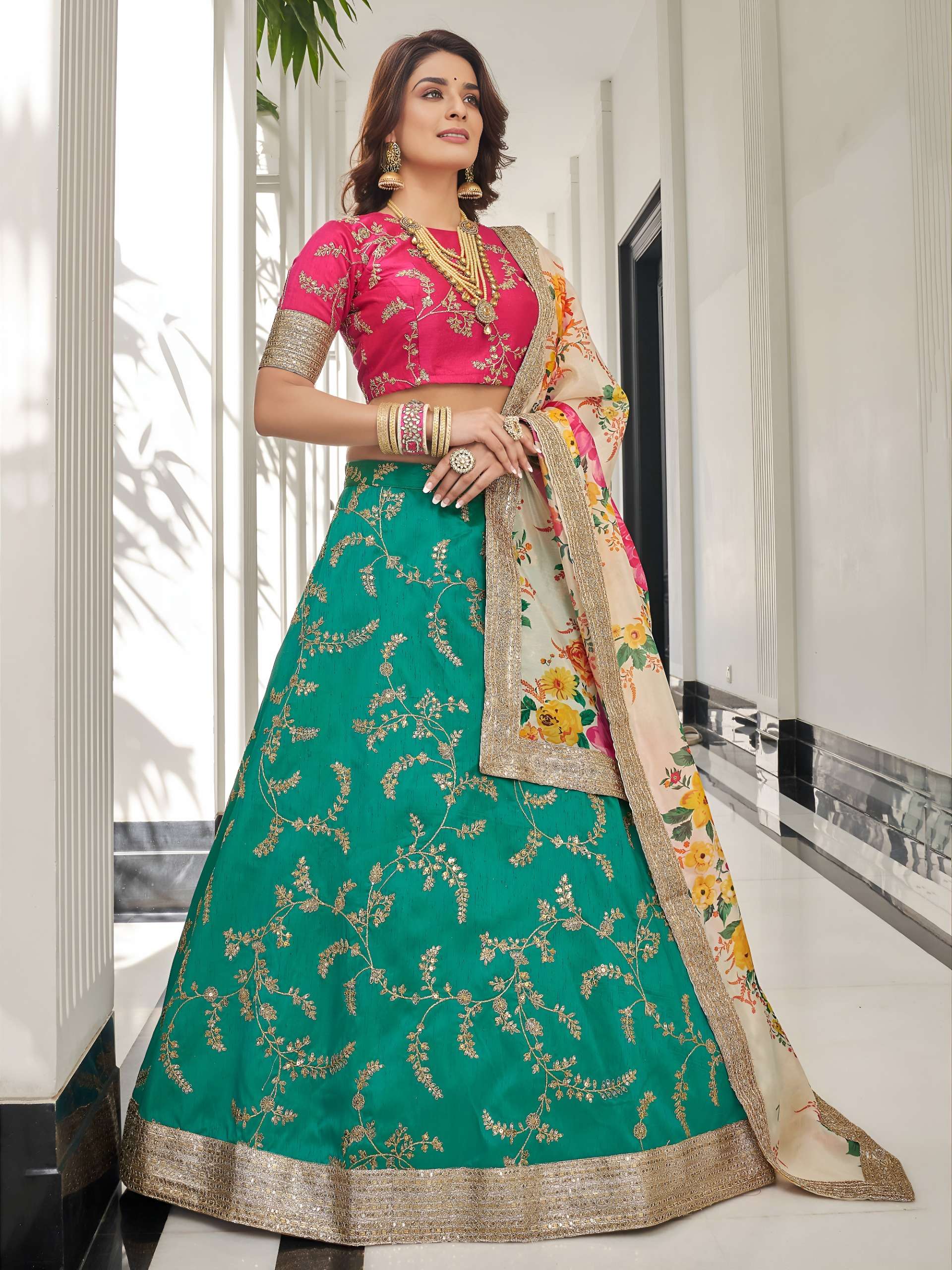Rani Pink & Green beautiful and elegant Floral design in Leh...