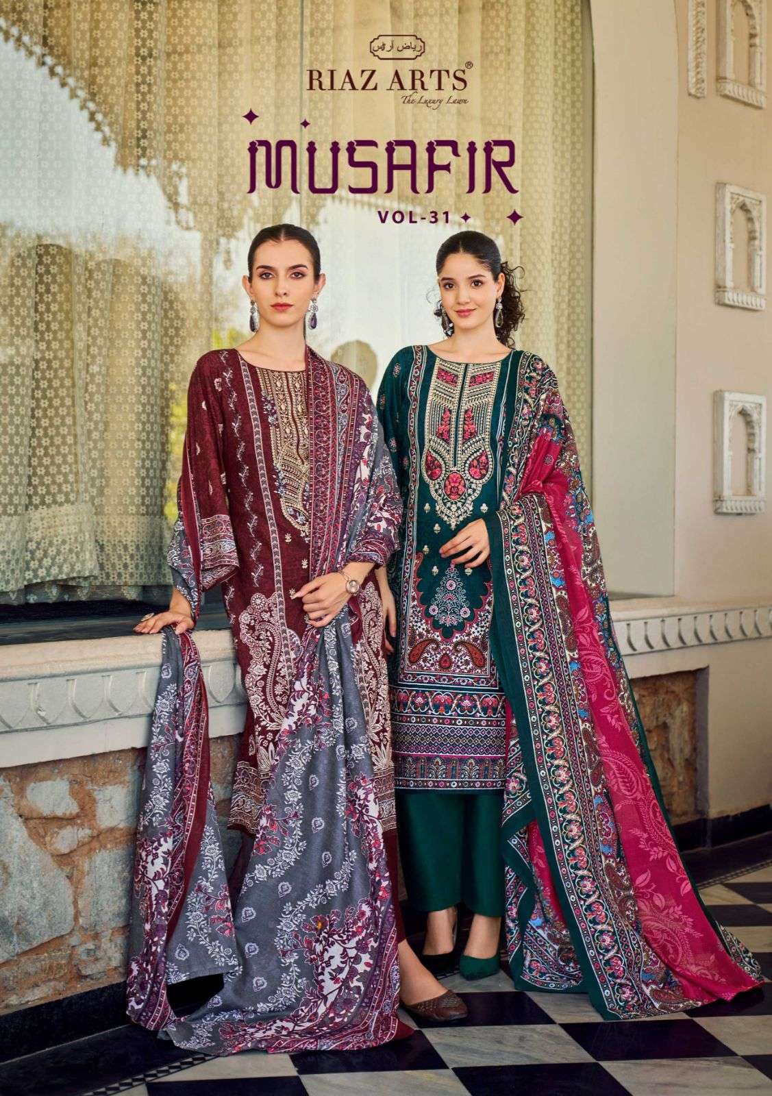 RIAZ ARTS MUSAFIR VOL 31 COTTON CAMRIC LAWN PRINT AND WORK S...
