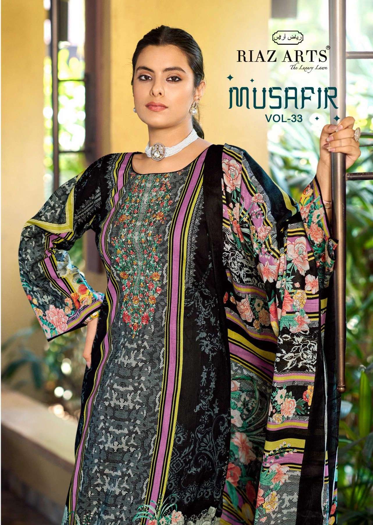 RIAZ ARTS MUSAFIR VOL 33 COTTON CAMRIC LAWN 3 PIECE SUIT EMB...