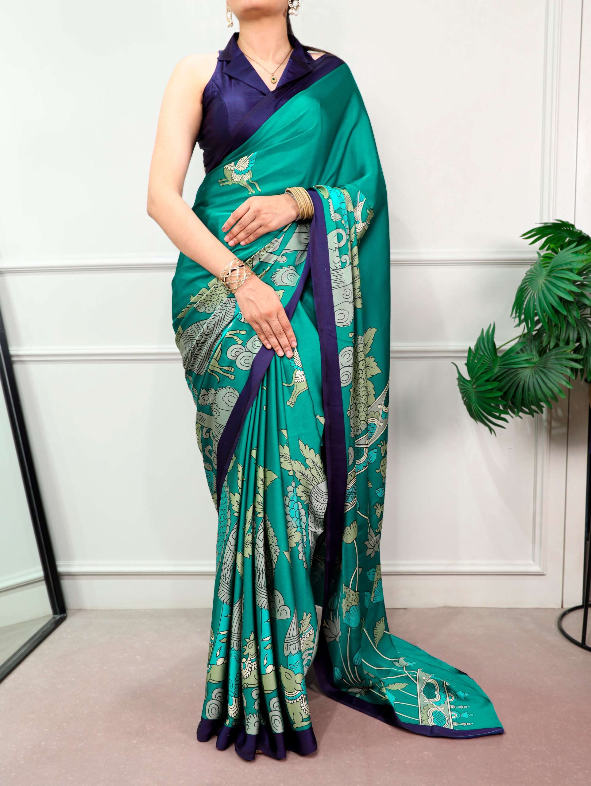 SAHITHYA SATIN SILK FANCY AND ELEGANT FABRIC WITH KALMKARI P...