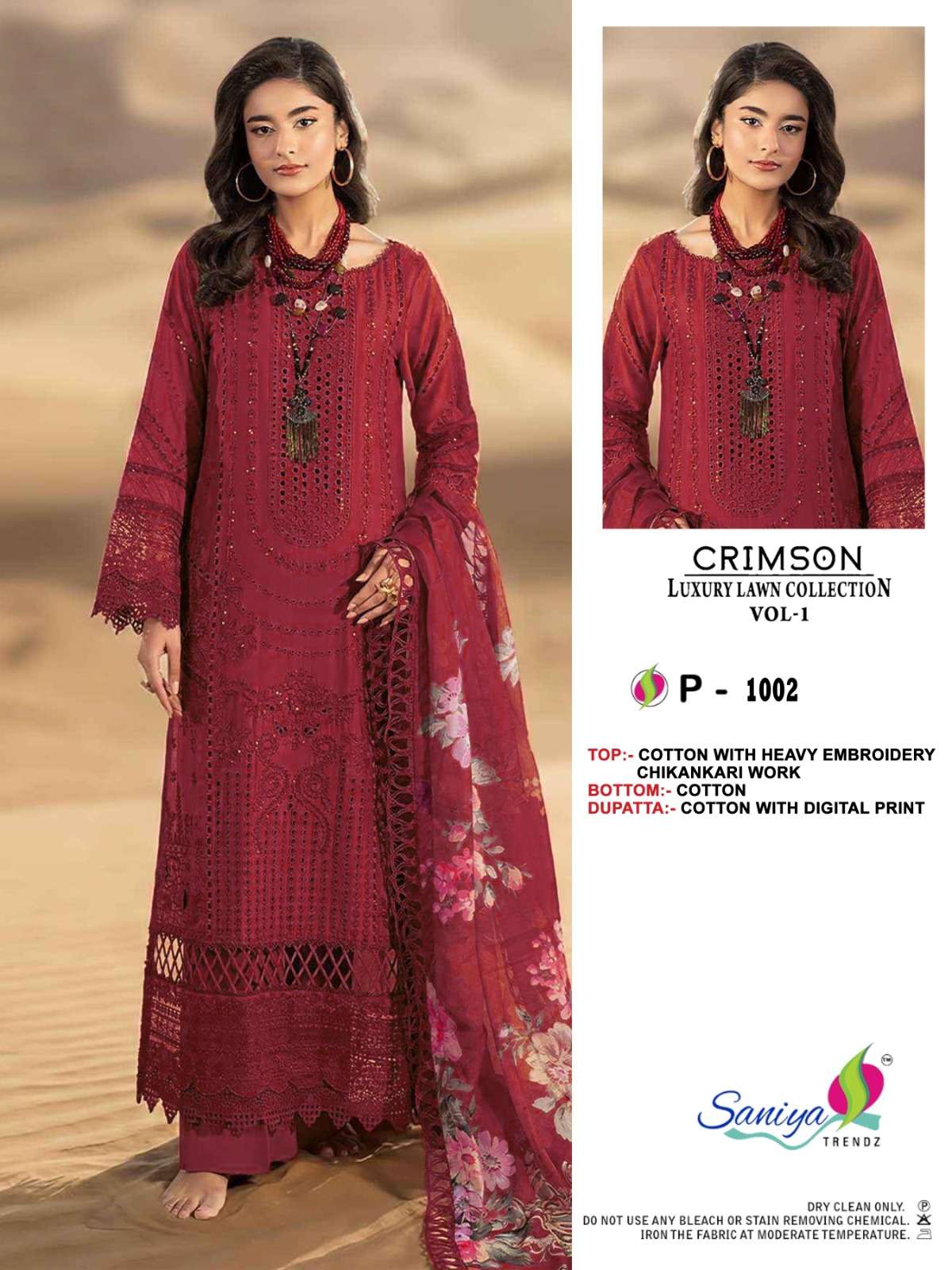 SANIYA TRENDZ CRIMSON VOL 1 COTTON WITH CHIKANKARI WORK PAKI...