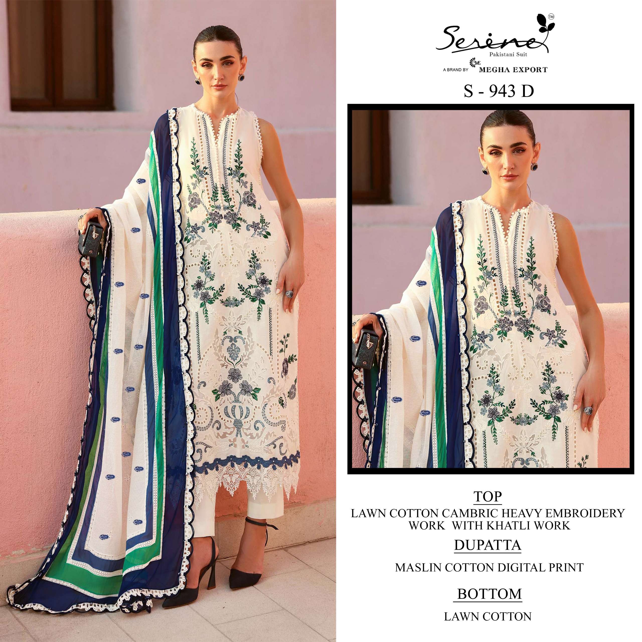 SERINE S 943 LAWN COTTON HEAVY EMBROIDERY WORK PAKISTANI DRE...