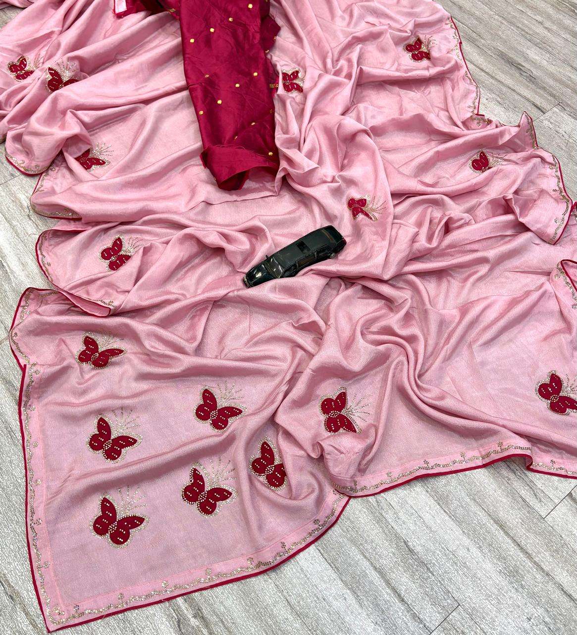 soft Chinon Fancy fabric with Siroski Work and butterfly pri...