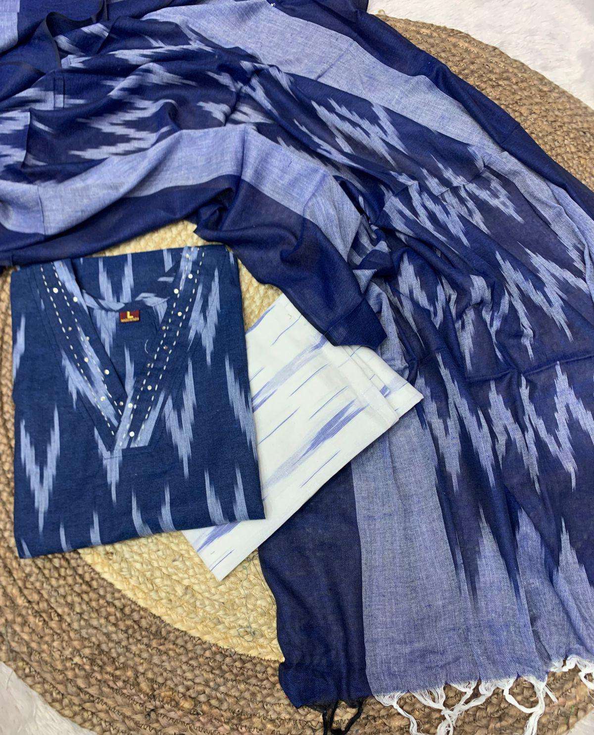 SUMMER CLOTHING IKKAT COTTON KURTI PANT WITH DUPATTA RESELLE...