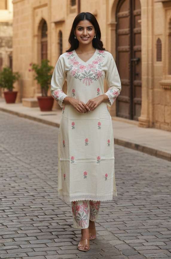 SUMMER COTTON WITH EMBROIDERY WHITE KURTI PANT CASUAL LOOK D...