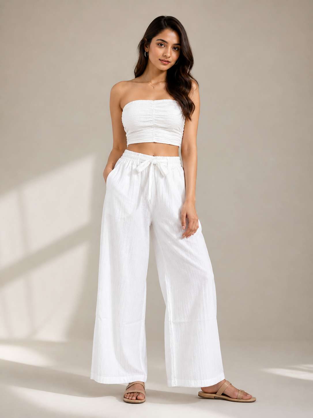 TEXTURE PALLAZOS SUGAR CANE TEXTURE ELASTIC WAIST PALAZZO SU...