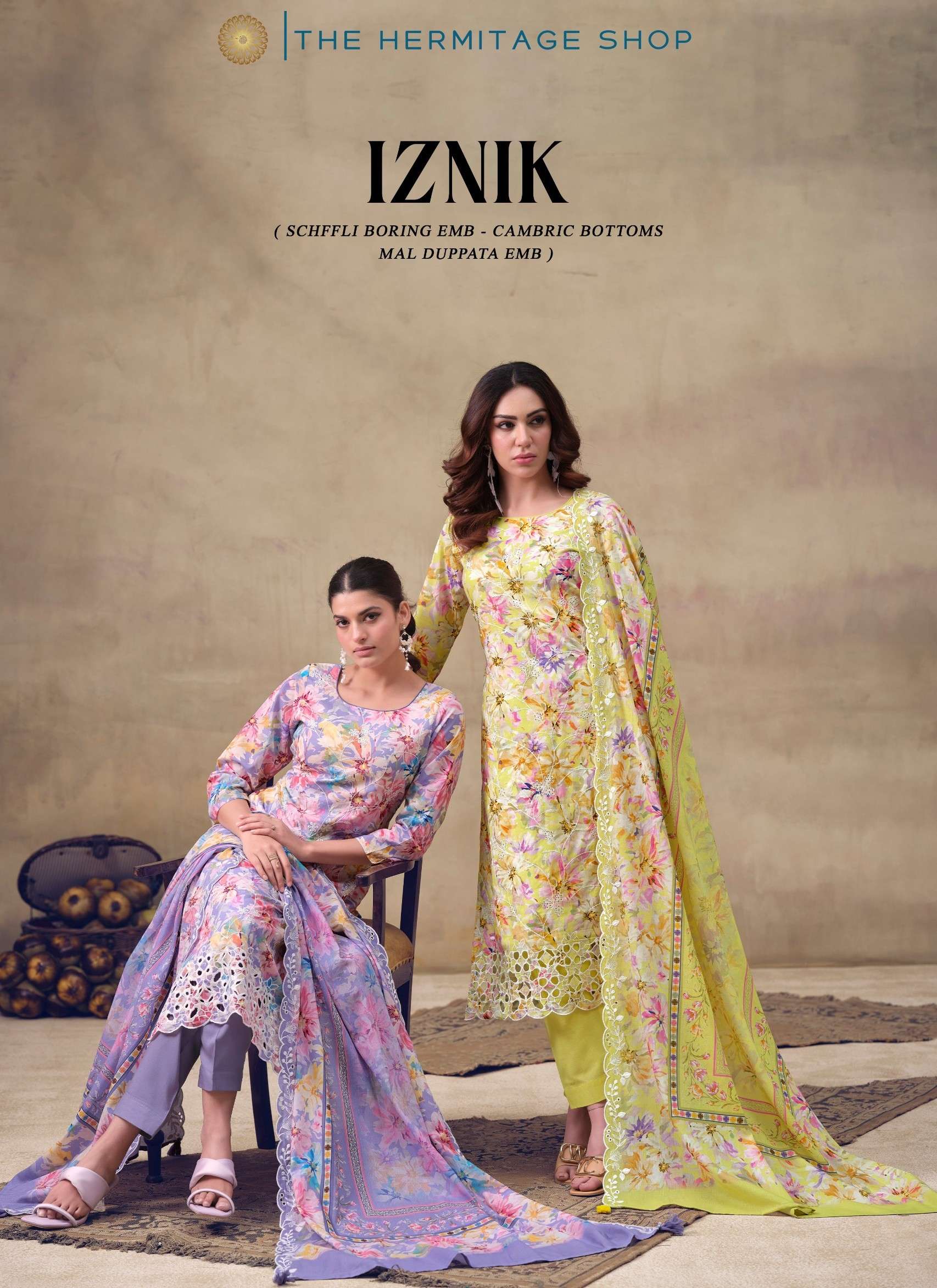 THE HERMITAGE SHOP IZNIK COTTON LAWN WITH CHIKANKARI SCHIFFL...