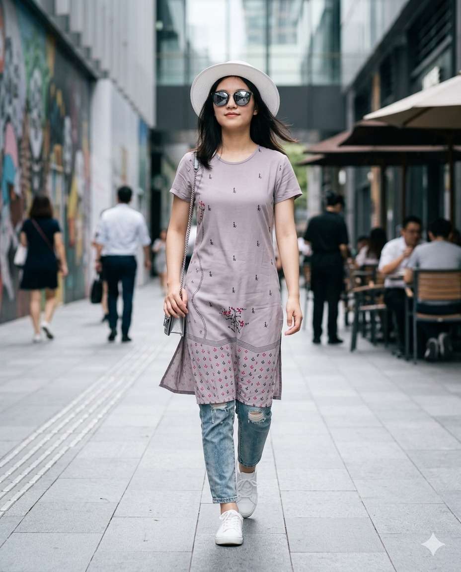 4014 WESTERN COTTON LONG T SHIRT TOP ONE SIDE POCKET DAILY O...