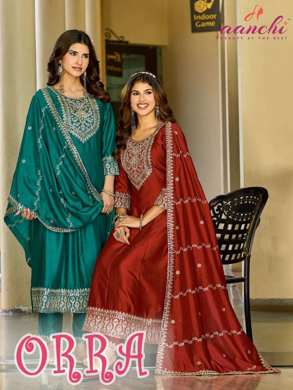 AANCHI ORRA READYMADE SILK ANARKALI STYLE SUIT HEAVY FUNCTIO...