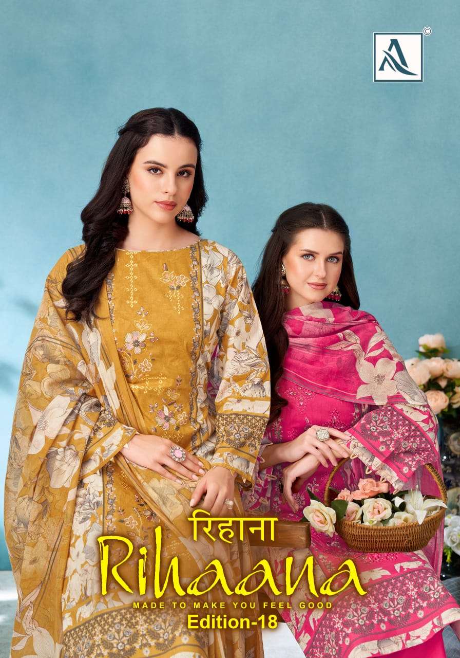 ALOK SUIT RIHAANA VOL 18 COTTON PAKISTANI PRINT FANCY WORK S...