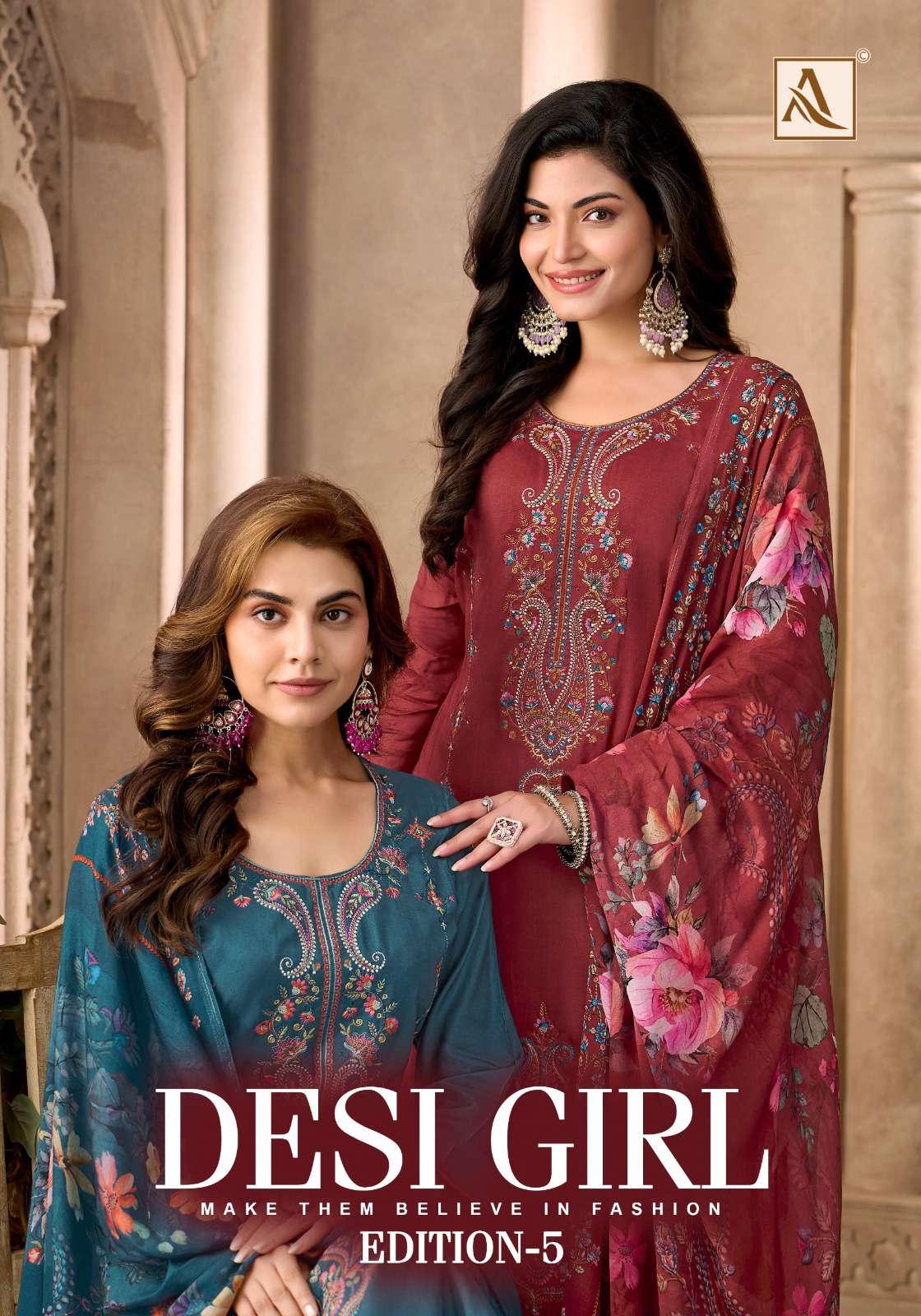 ALOK SUITS DESI GIRL VOL 5 RAYON MASLIN DESIGNER WORK SUIT W...