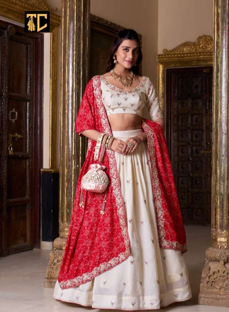 APARNA WEDDING FUNCTION CREAM COLOR LEHENGA CHOLI RED DUPATT...