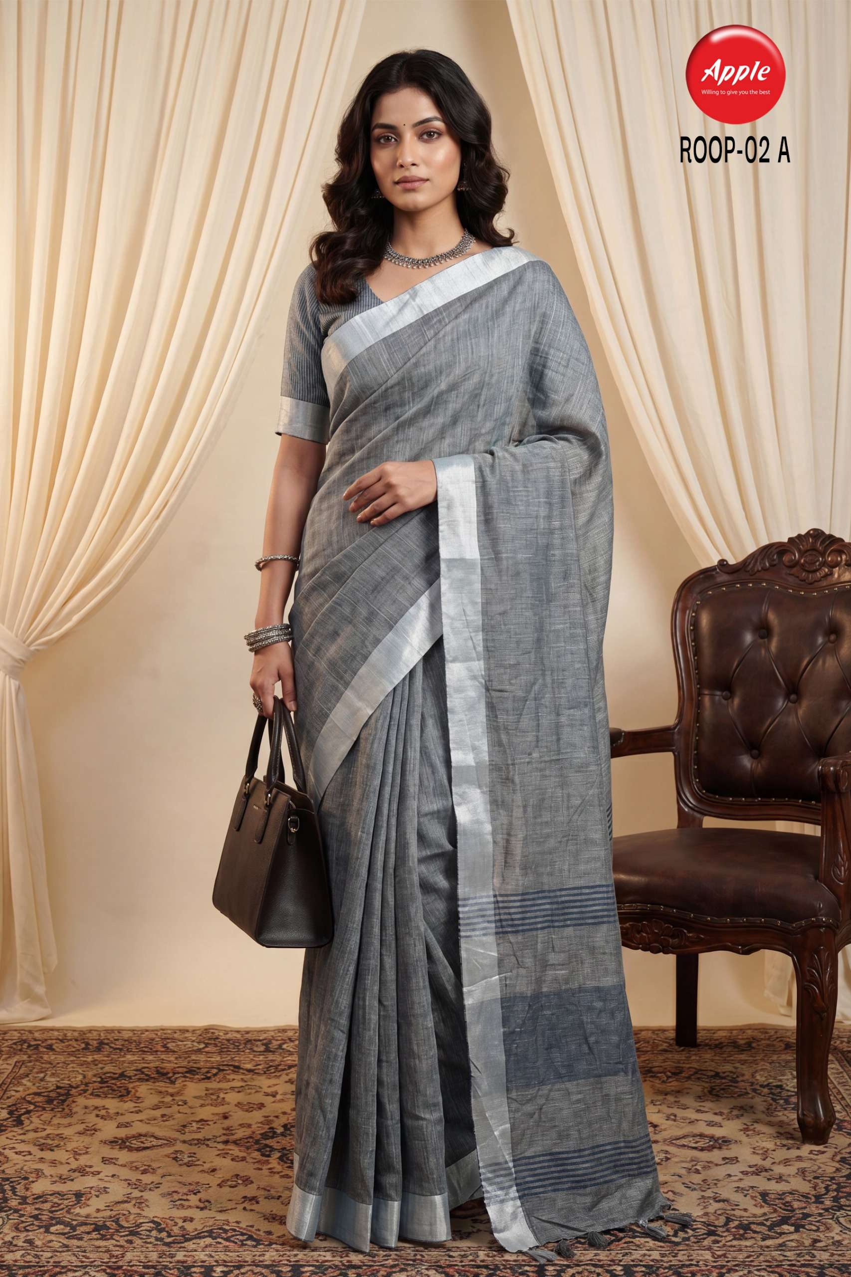 APPLE ROOP 2 SOFT LINEN FANCY FABRIC WITH SILVER ZARI BORDER...