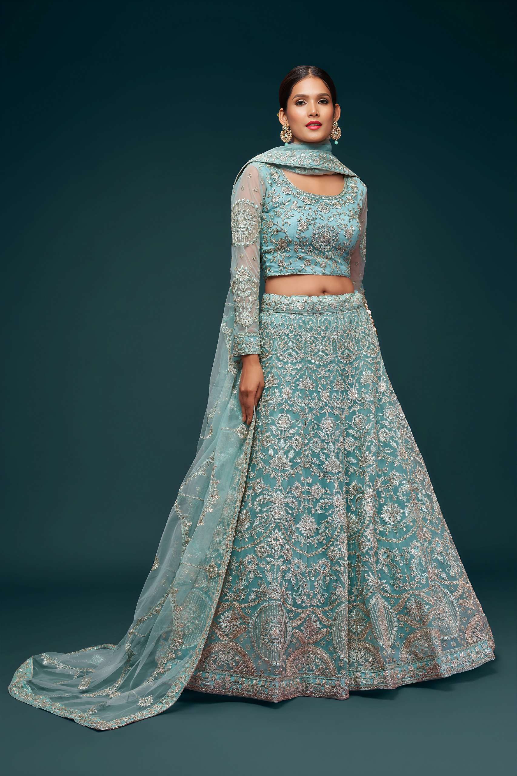 Aqua Blue colour fancy and classic net fabric Heavy Embroide...