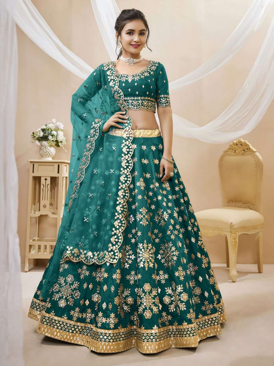  Art Silk fancy fabric Elegant and Emerald Green colour Lehe...