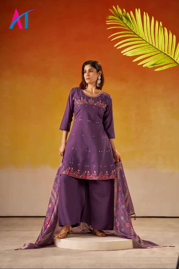 AT SHINEY ROMAN SILK DESIGNER KURTI PALAZZO AT WHOLESALE