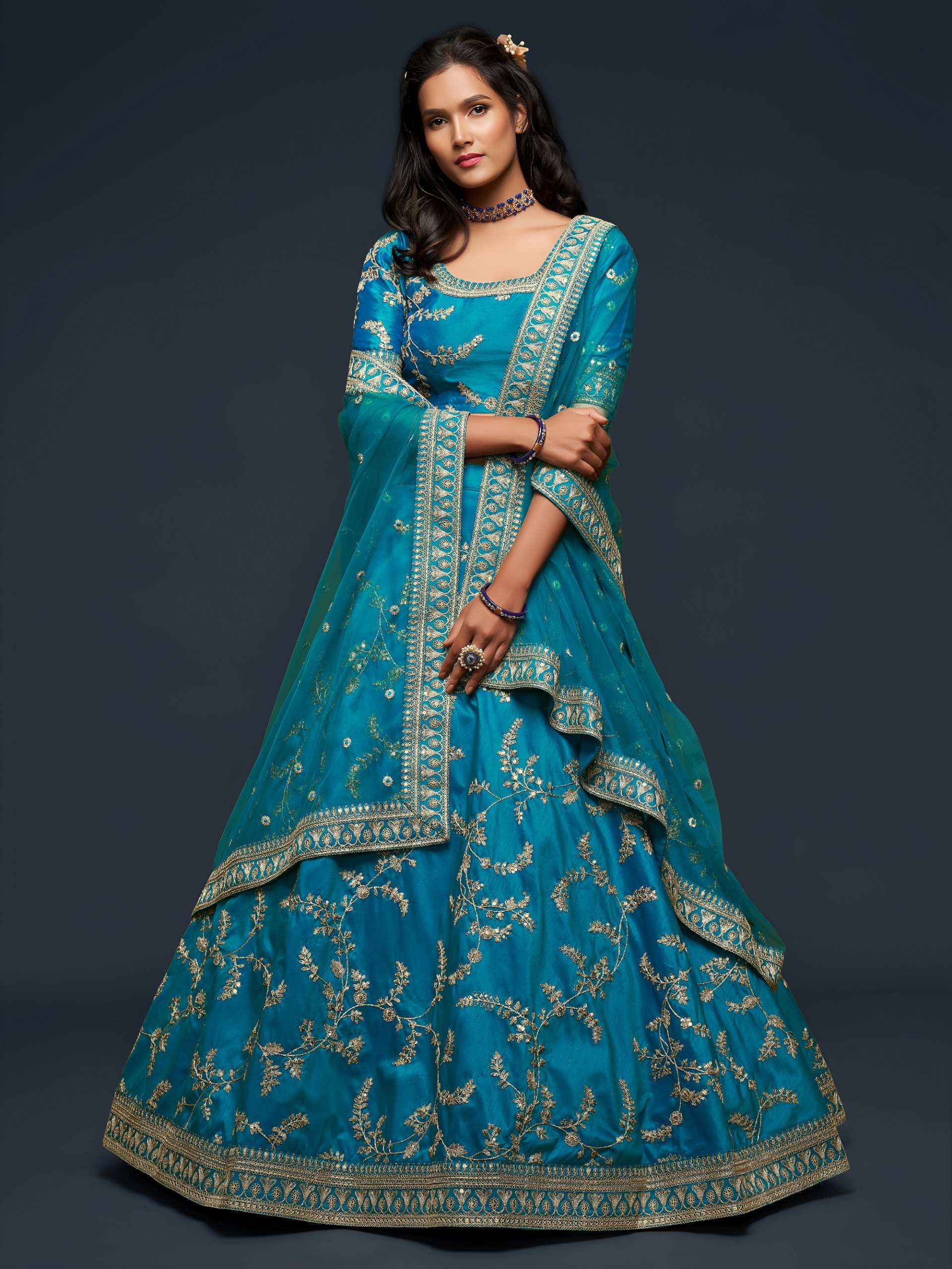  beauriful and elegant Teal Blue colour with designer Embroi...