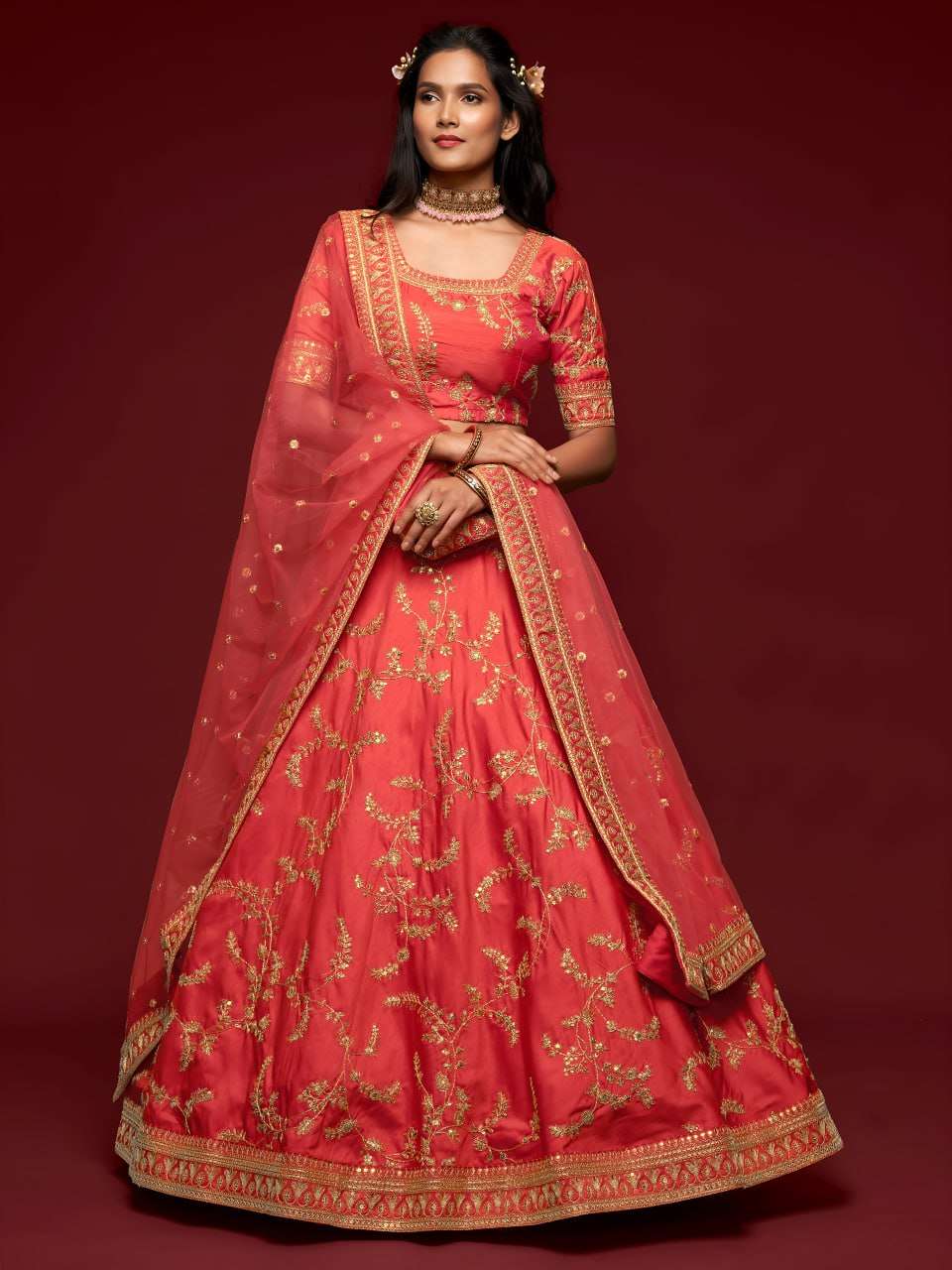 beautiful and elegant Coral Red colour with regal Embroide...