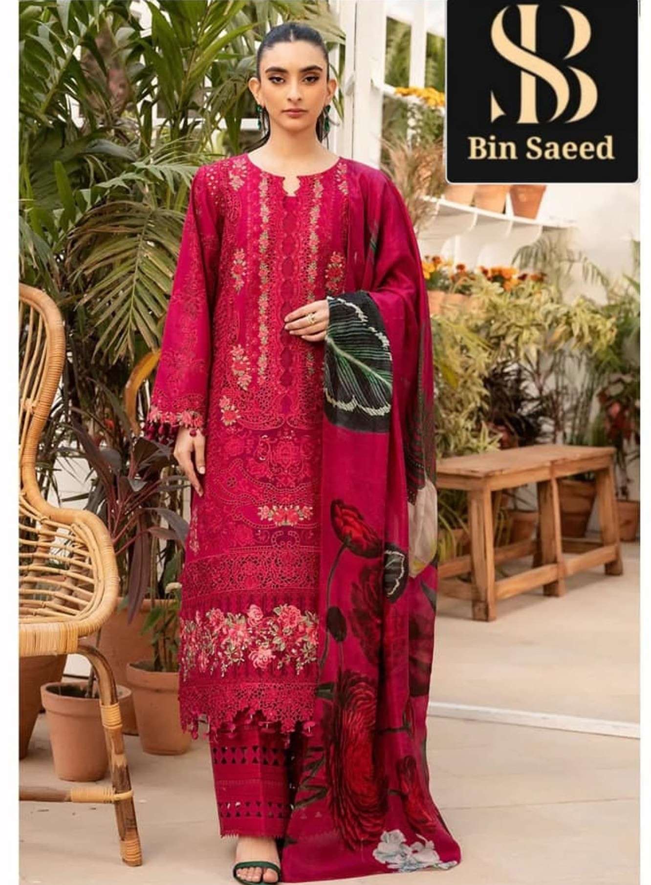 BIN SAEED 1001 UNSTITCH SUIT COTTON WITH CHIKANWORK RED SUIT...