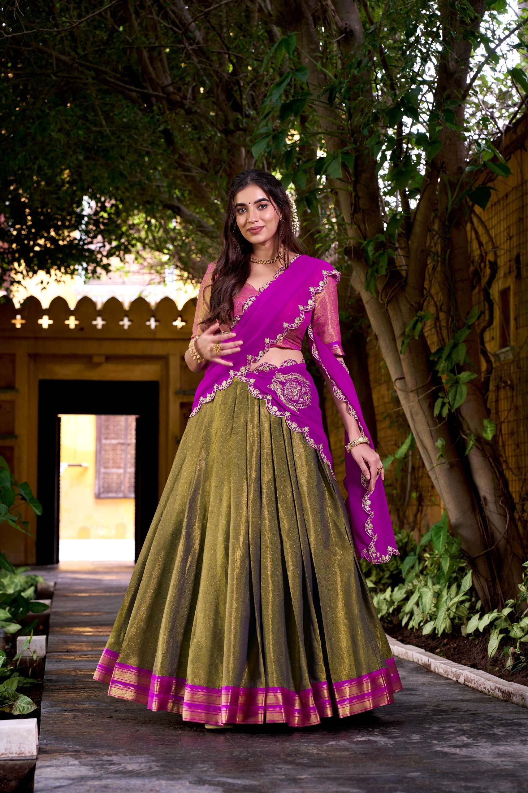  Celebrate your special moments in a Kanchipuram silk lehen...