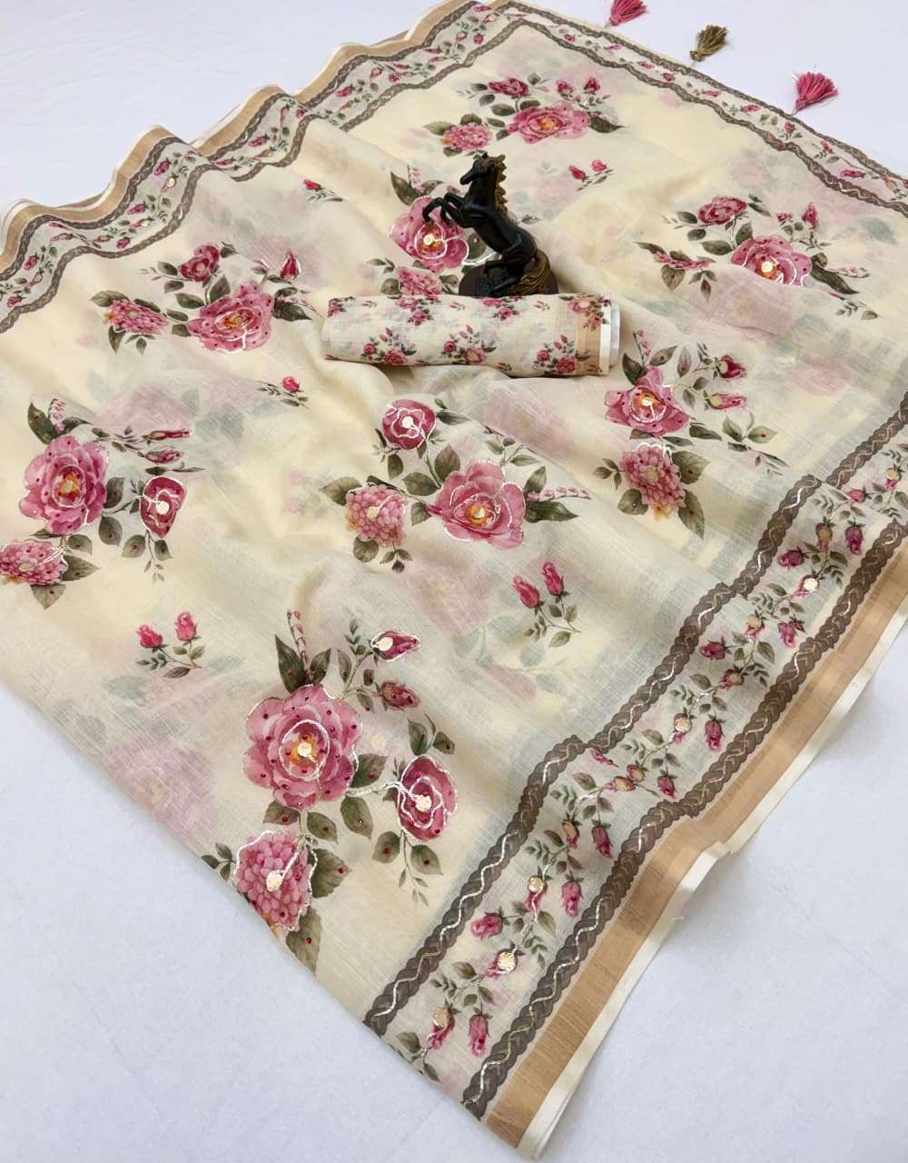 classic and Elegant linen fancy fabric saree with soft flora...