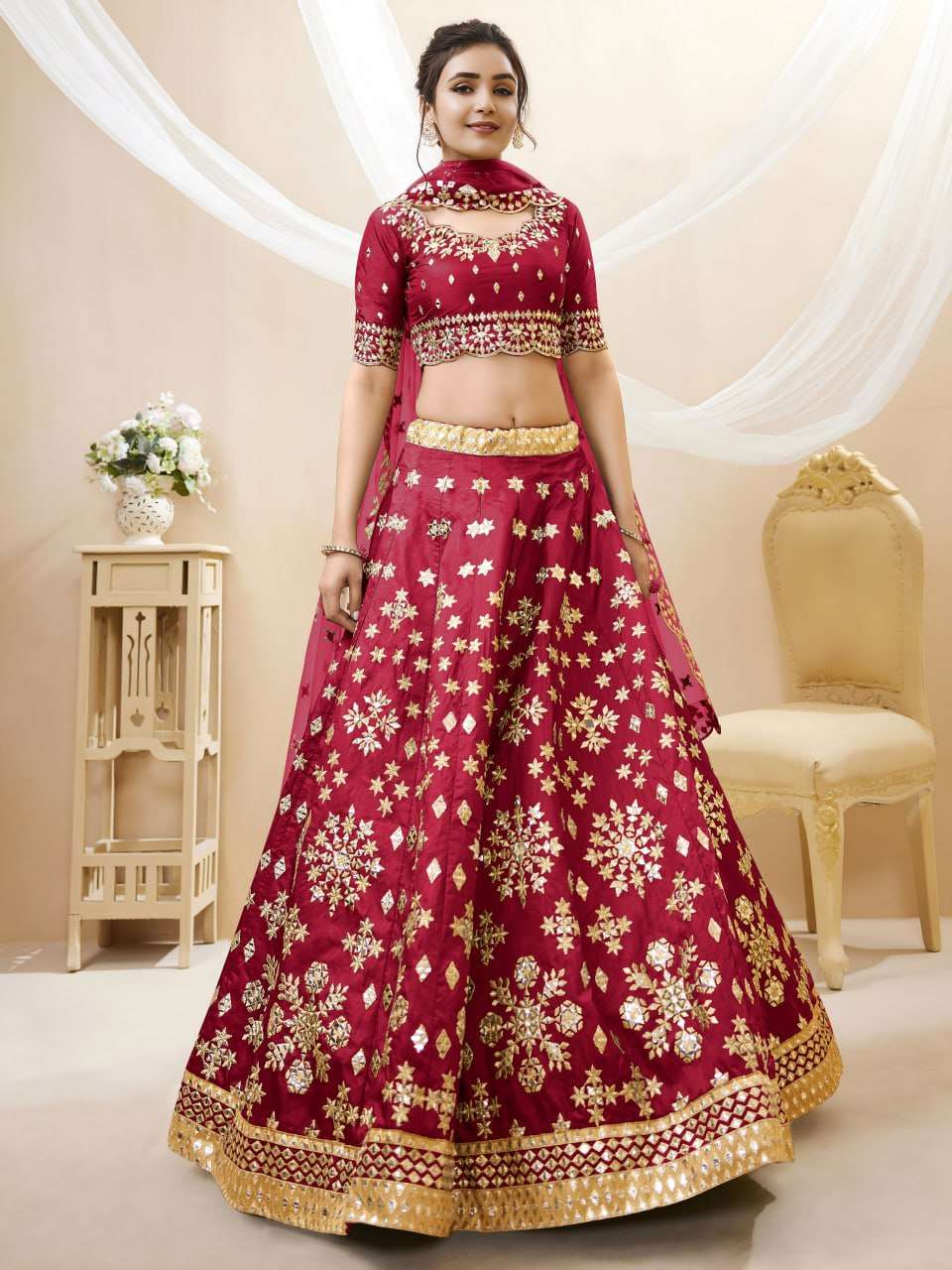  Deep Red colour beautiful Foil Mirror  work on art silk fan...
