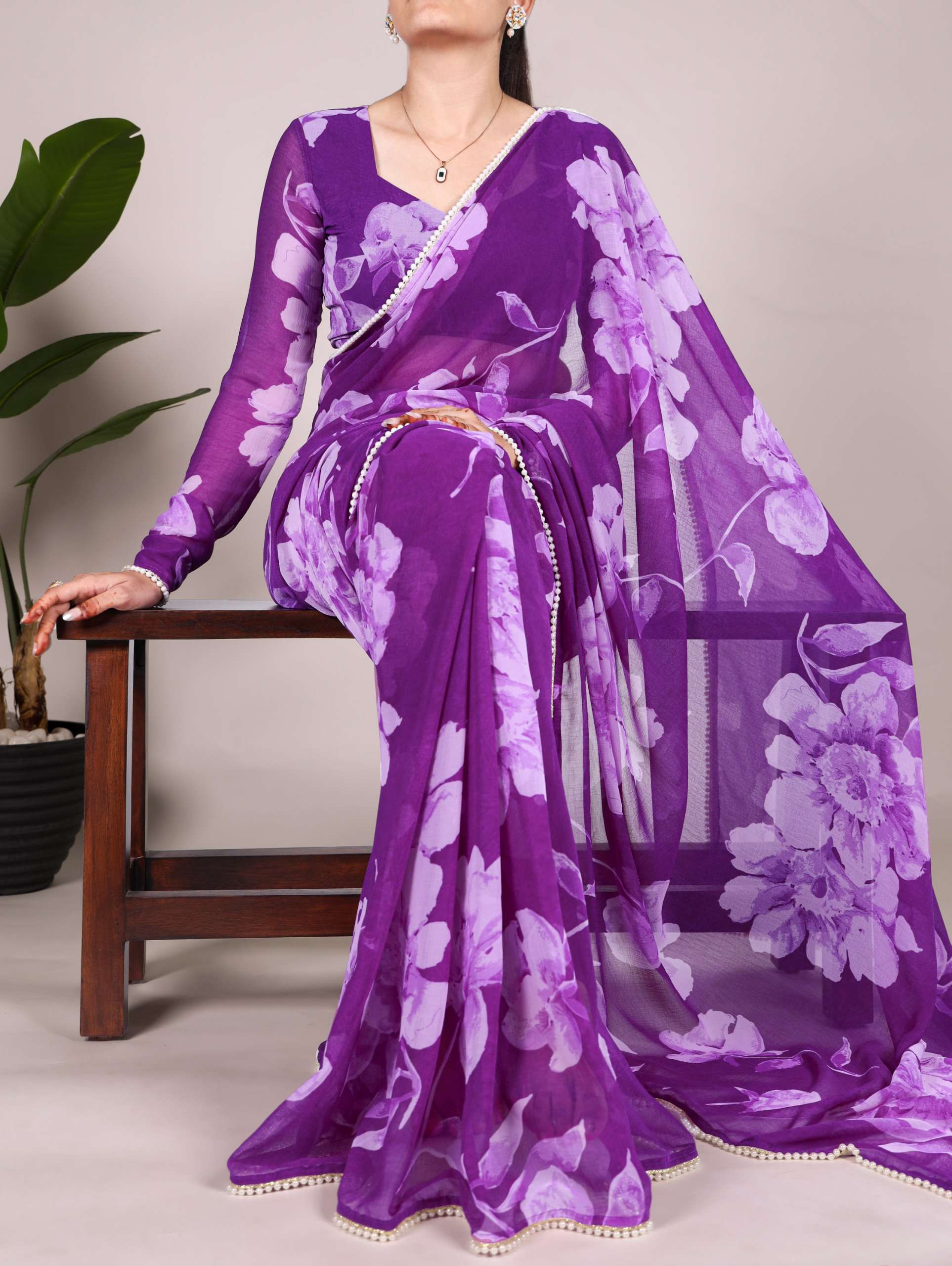 Delicate blooms pearl border dreams Chiffon fancy fabric For...