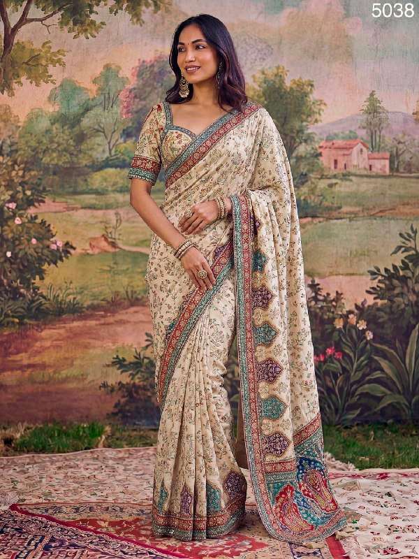 Elegant and beautiful Ivory Detailing Work on Saree with Tra...
