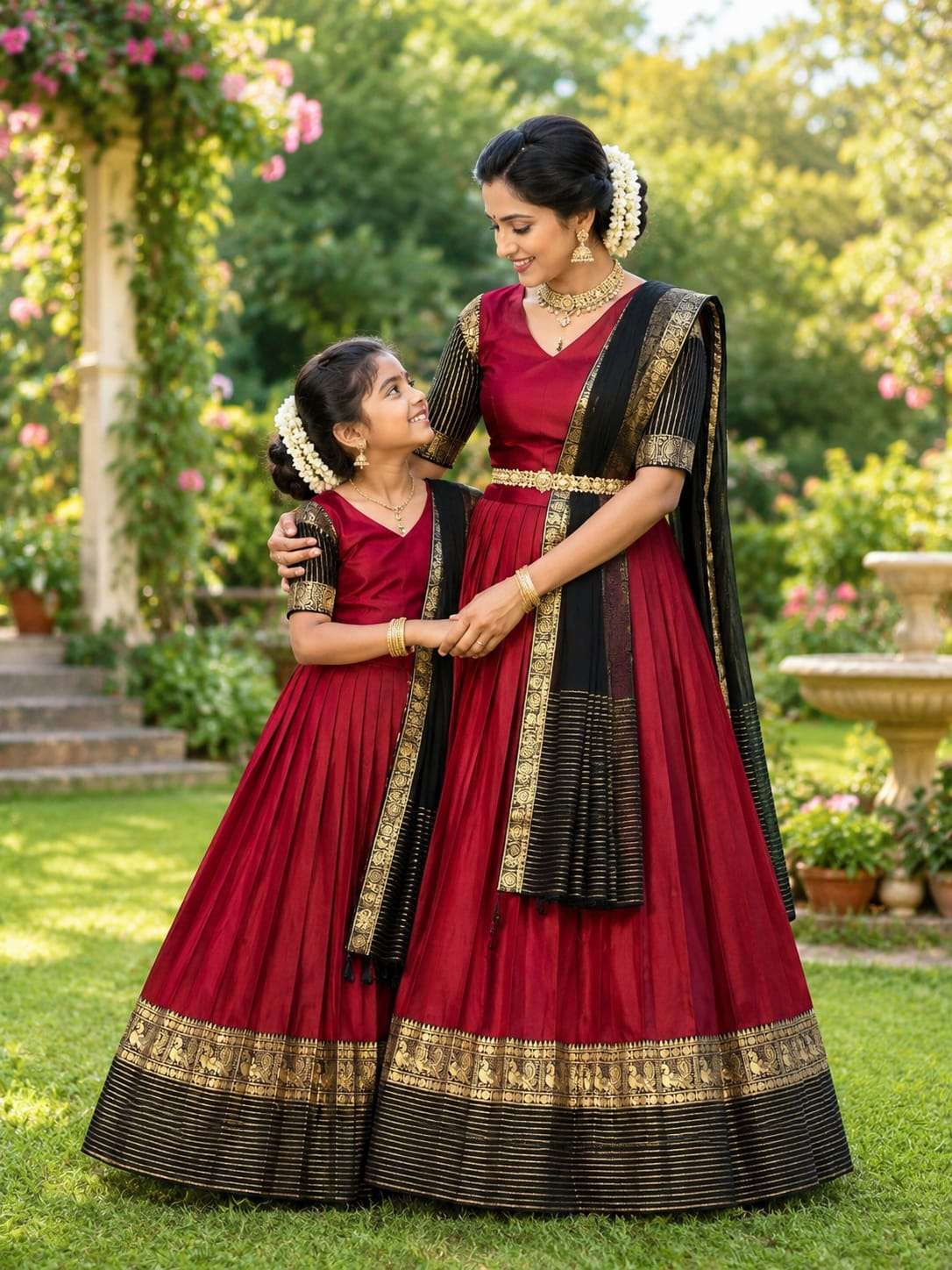ELEGANT MOTHER DAUGHTER MAROON & BLACK LEHENGA CHOLI WITH VO...
