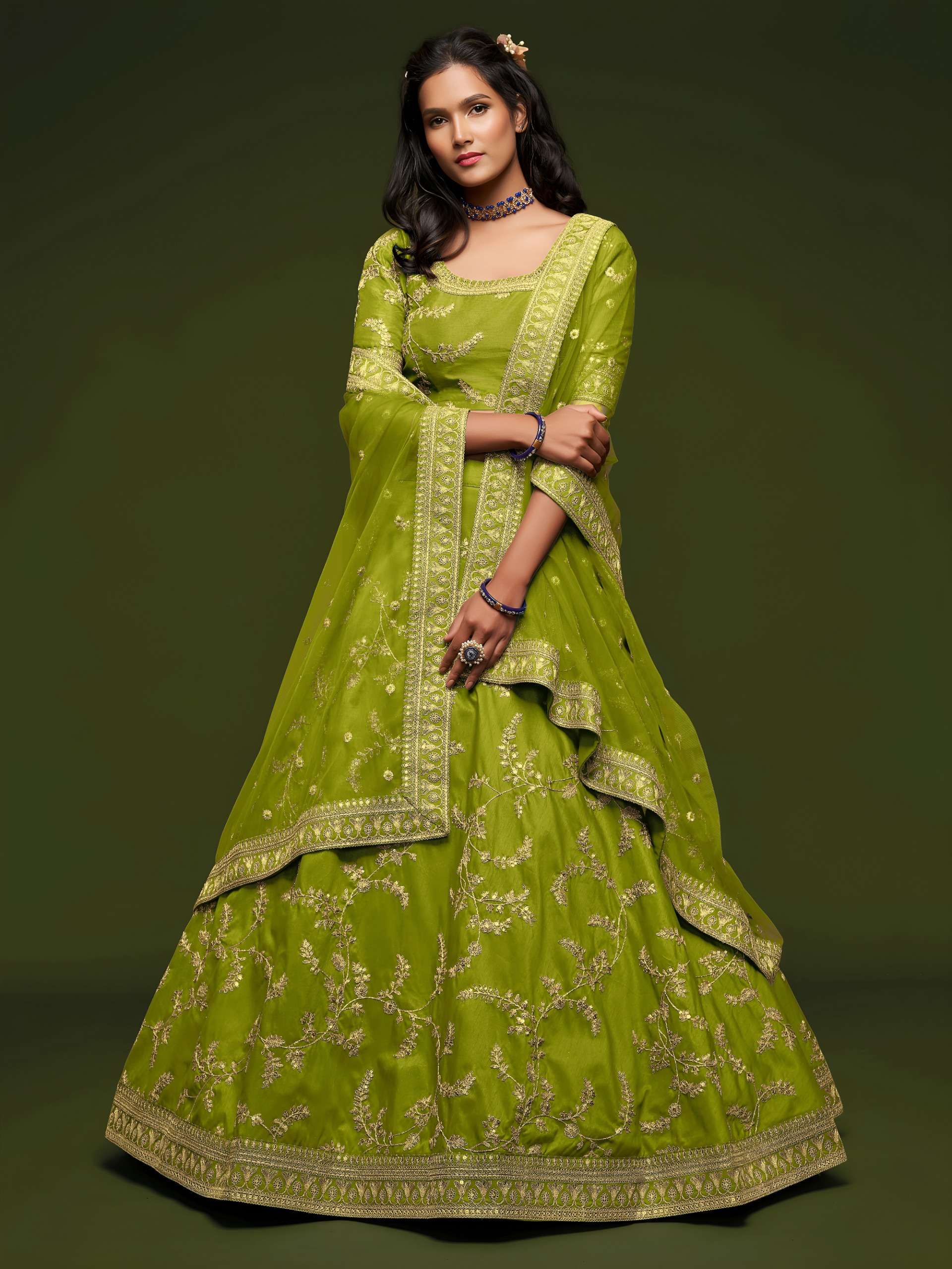   Elegant Neon Green colour soft Art Silk fabric fancy and r...