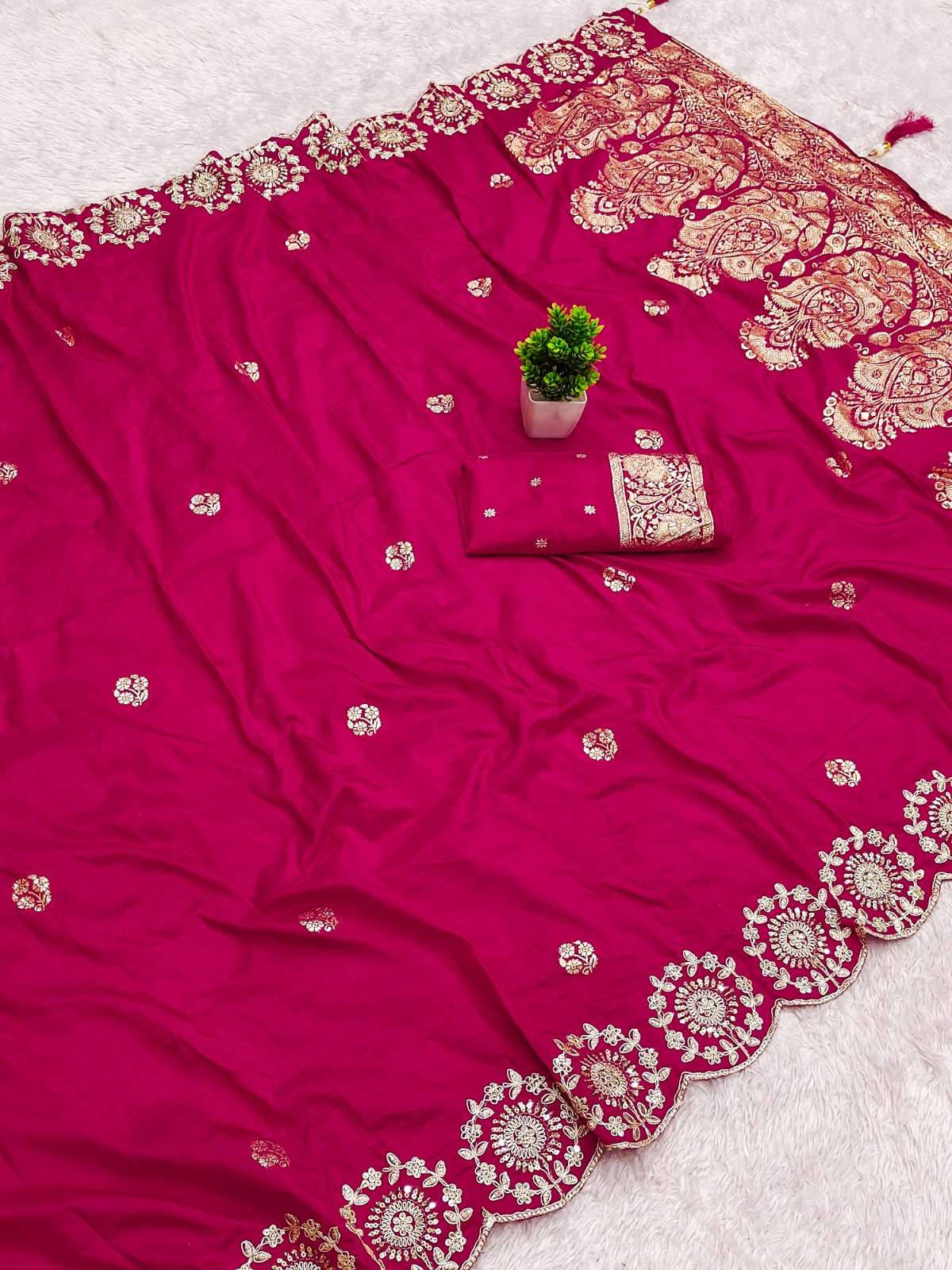 Flower pure satin fancy fabric with gold zari embroidery wo...