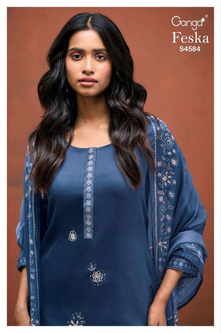 GANGA FESKA 4584 COTTON SATIN PRINTED EMBROIDERY UNSTITCH DR...