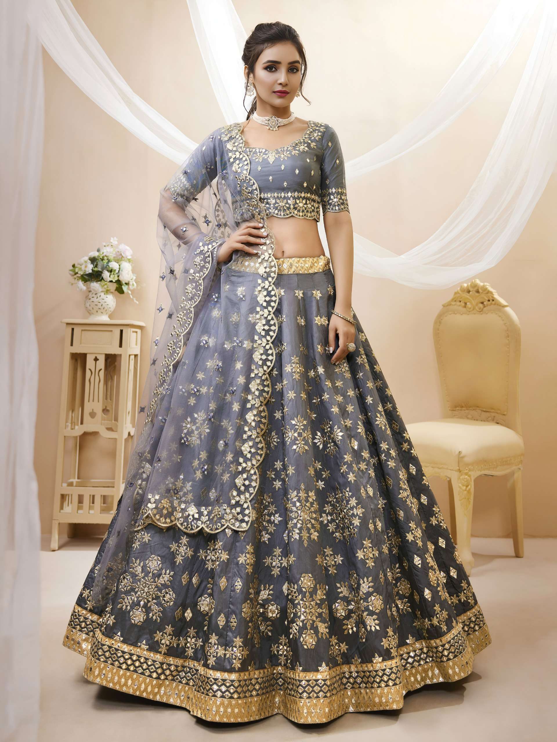  Grey colour Elegant and classic art silk fabric on Foil Mir...