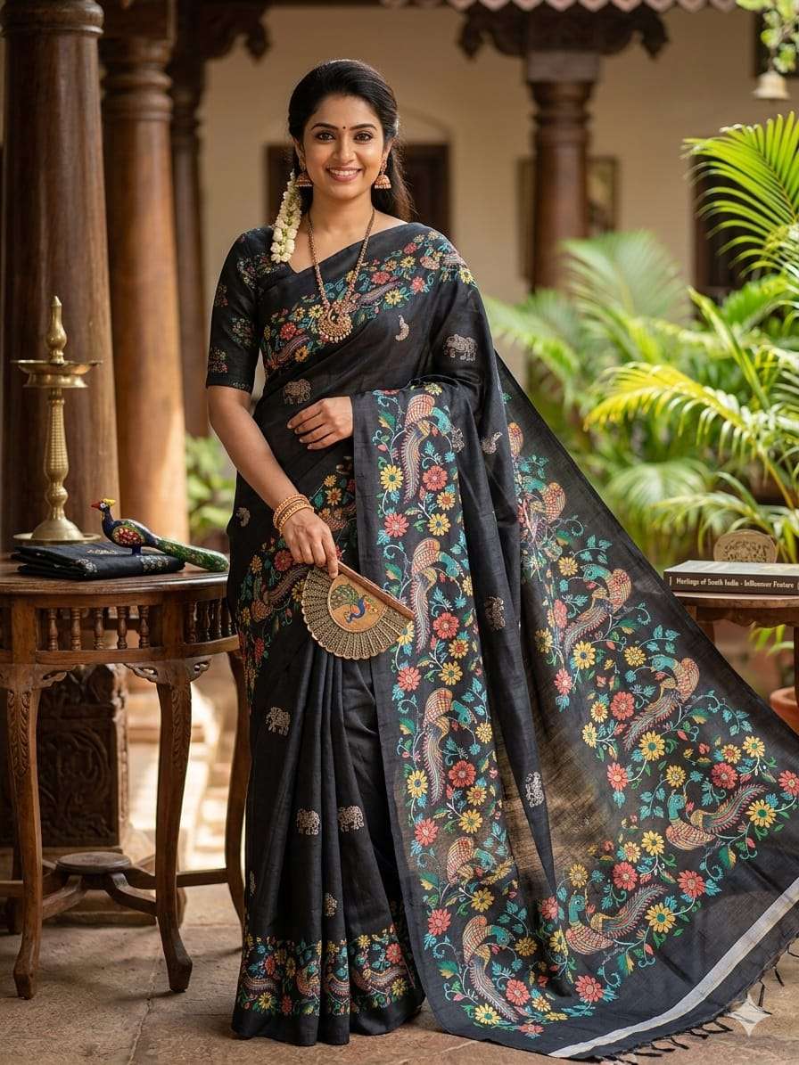 Handloom tussar silk soft fabric with kalamkari digital prin...