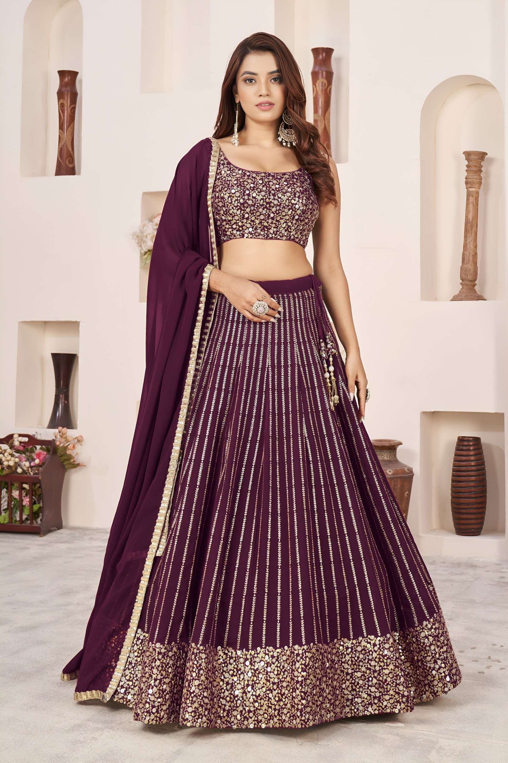  Heavy sparkling and beautiful Wine colour Georgette fancy f...