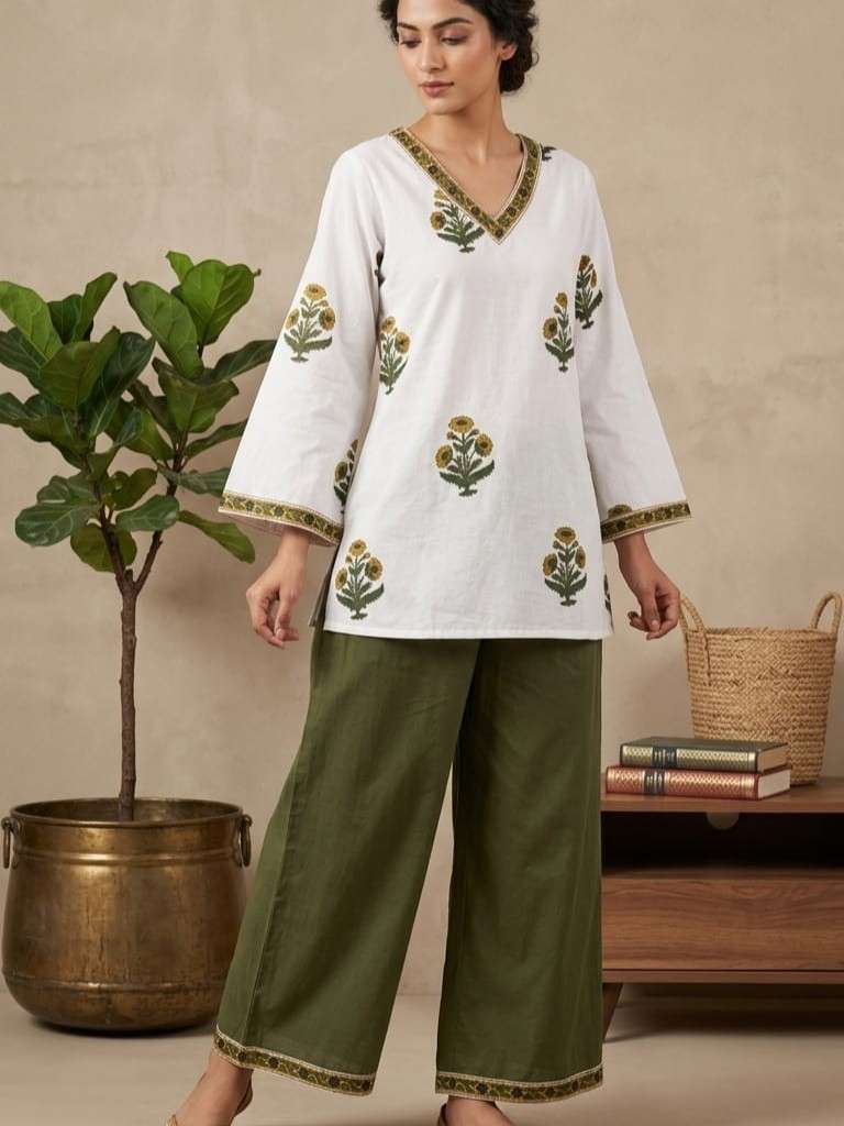 K 1000 COTTON HAND BLOCK PRINT V NECK TOP PANT DAILY WEAR EX...