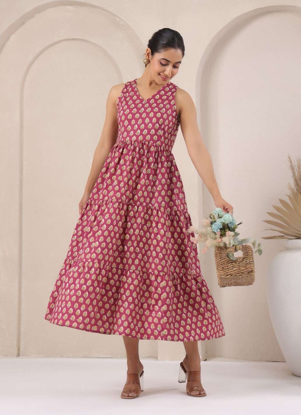 K 1041 BEAUTIFUL COTTON PRINTED V NECK SLEEVELESS MIDI DRESS...