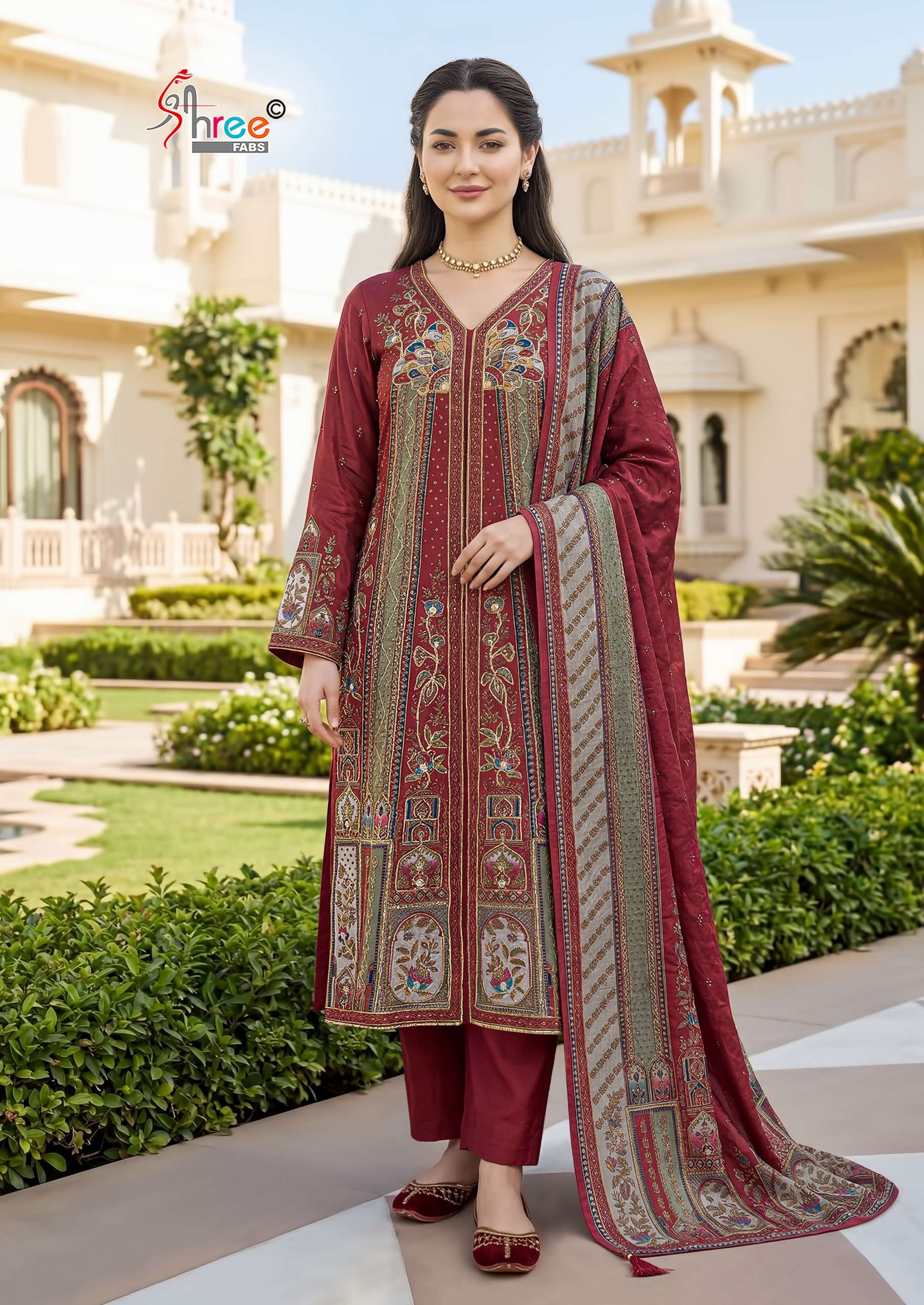 KT 366 VISCOSE MASLIN DIGITAL PRINT MAROON SUIT MATERIAL PAR...