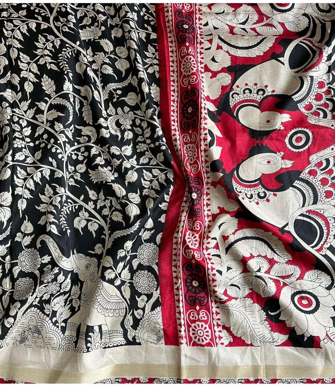   maheshwari silk saree with all over kalamkari design on be...