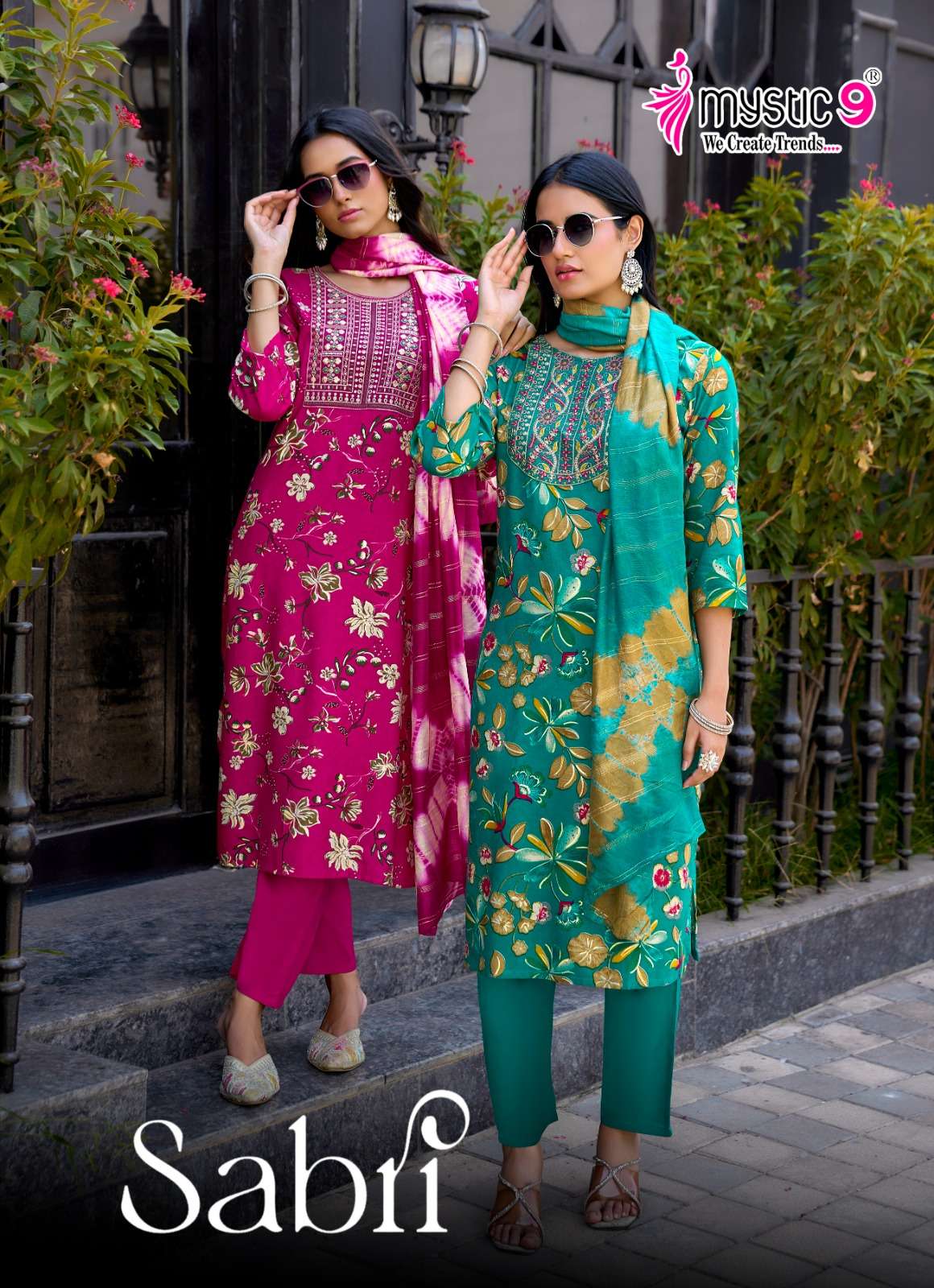 MYSTIC 9 SABRI VOL 15 RAYON FOIL PRINT STRAIGHT CUT SALWAR S...