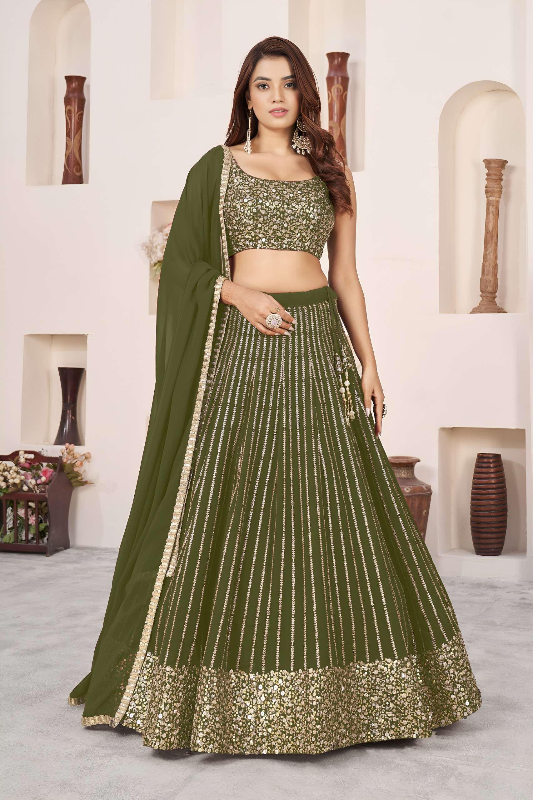Olive Green elegant colour Georgette soft fancy fabric Lehen...