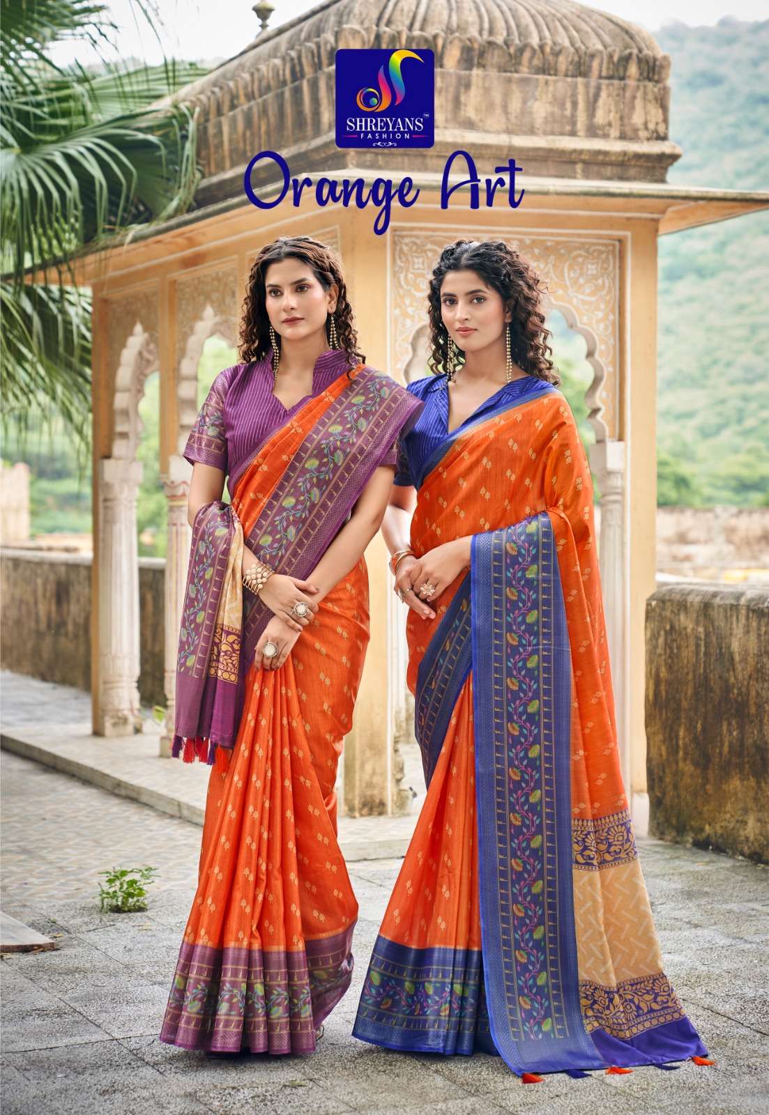 Shreyans Orange Art soft Tusser base fancy fabric with beaut...