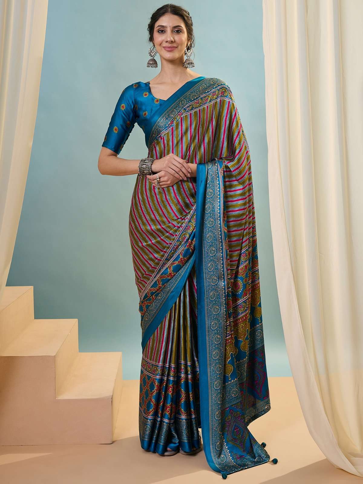 party wear Ajrakh luxe soft Semi modal fancy fabric saree wh...