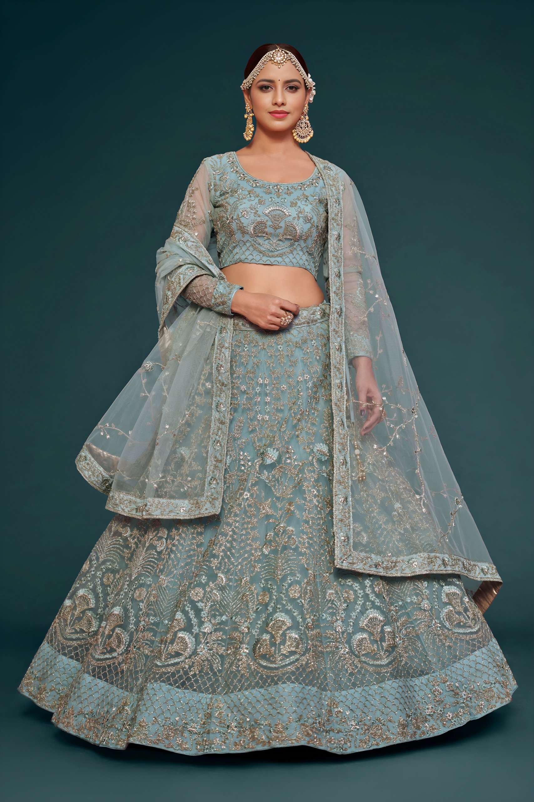  Pastel Aqua beautiful colour fancy and soft net with Embroi...