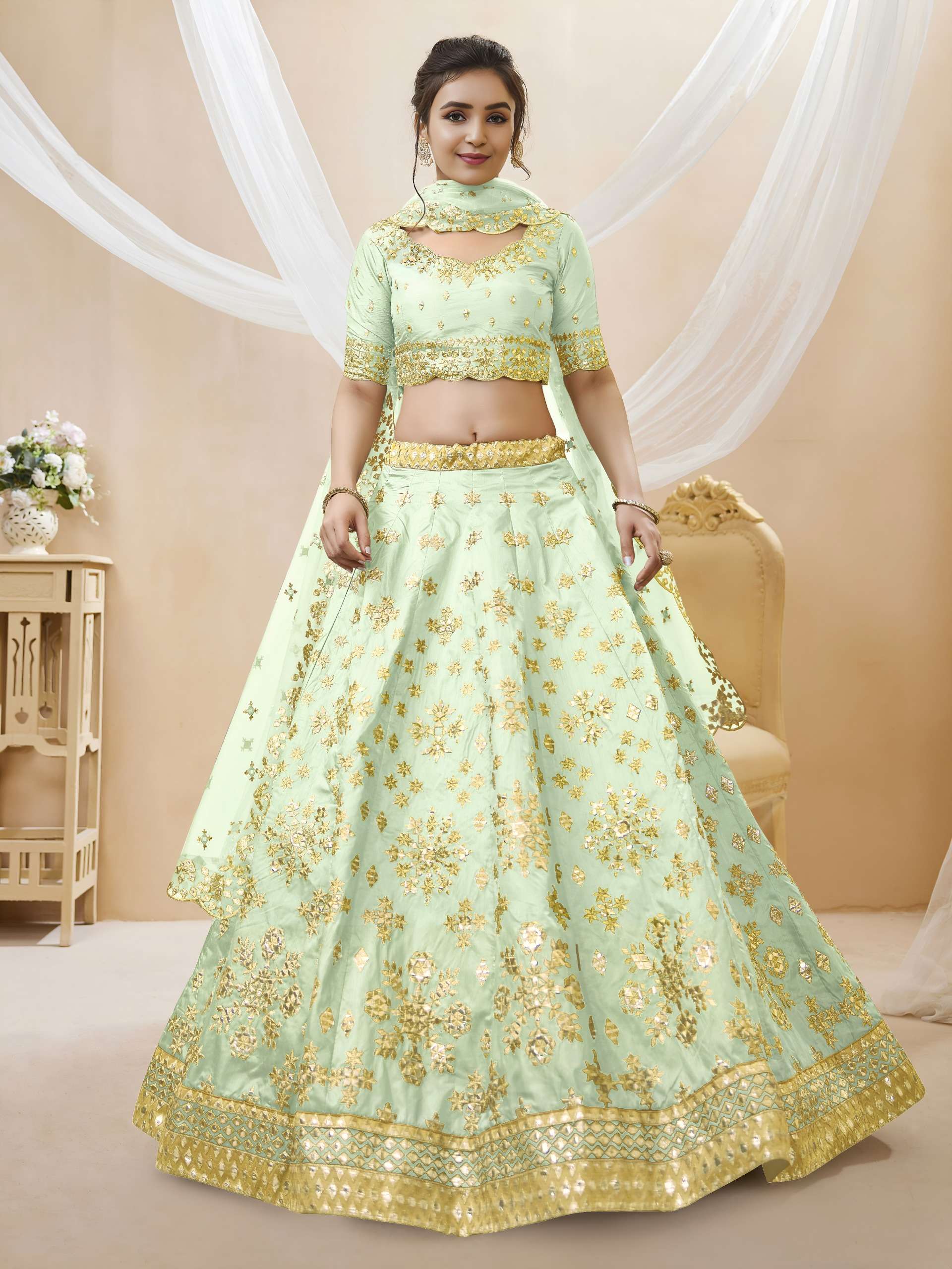  Pista Green colour Elegant and classic art silk fabric on F...