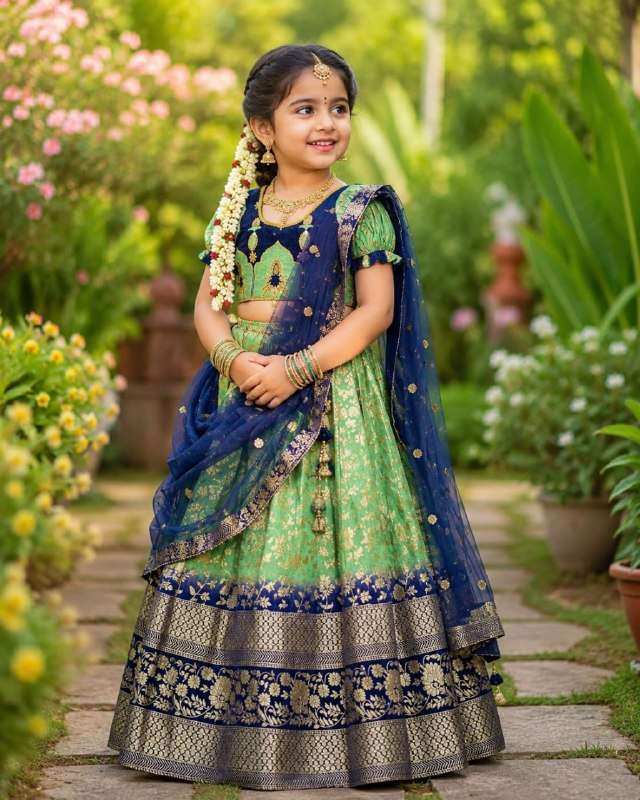PISTA TEMPLE KIDS HALF SAREE MONO SILK EMBROIDERY WORK FUNCT...