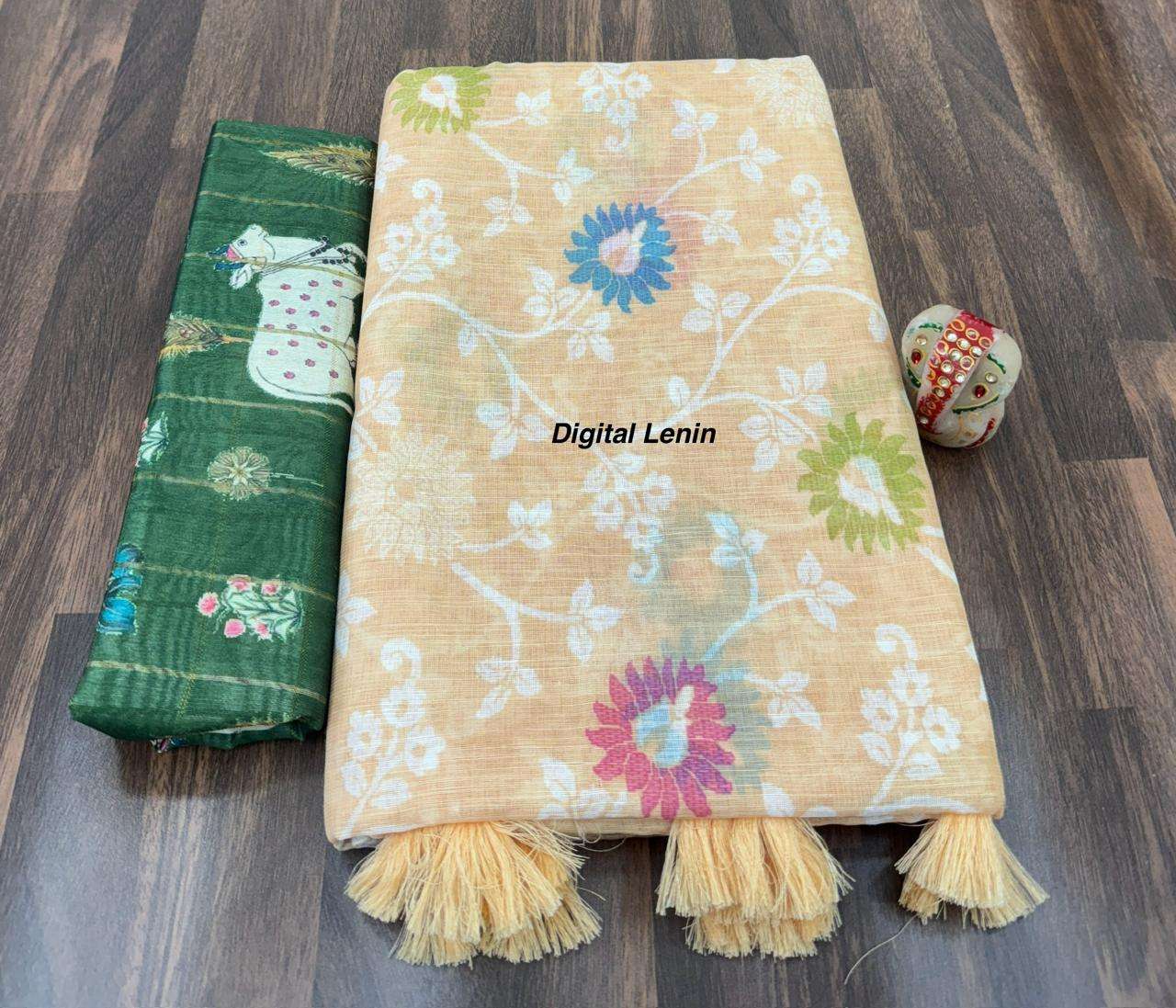 Pure and soft linen fabric base with printed on saree suppli...