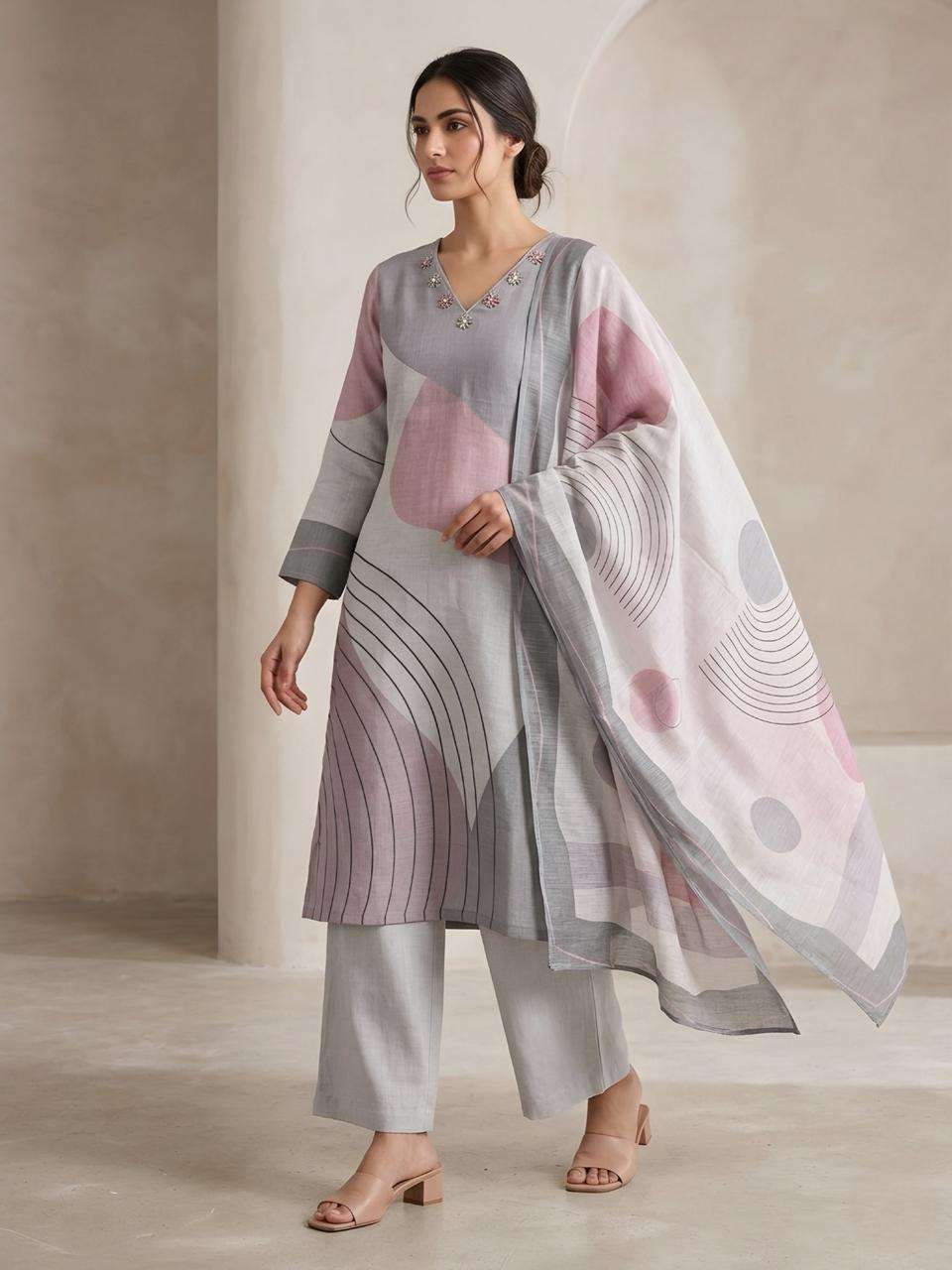 PV MUL COTTON LINEN DIGITAL PRINT WITH HANDWORK SUIT WOMEN W...