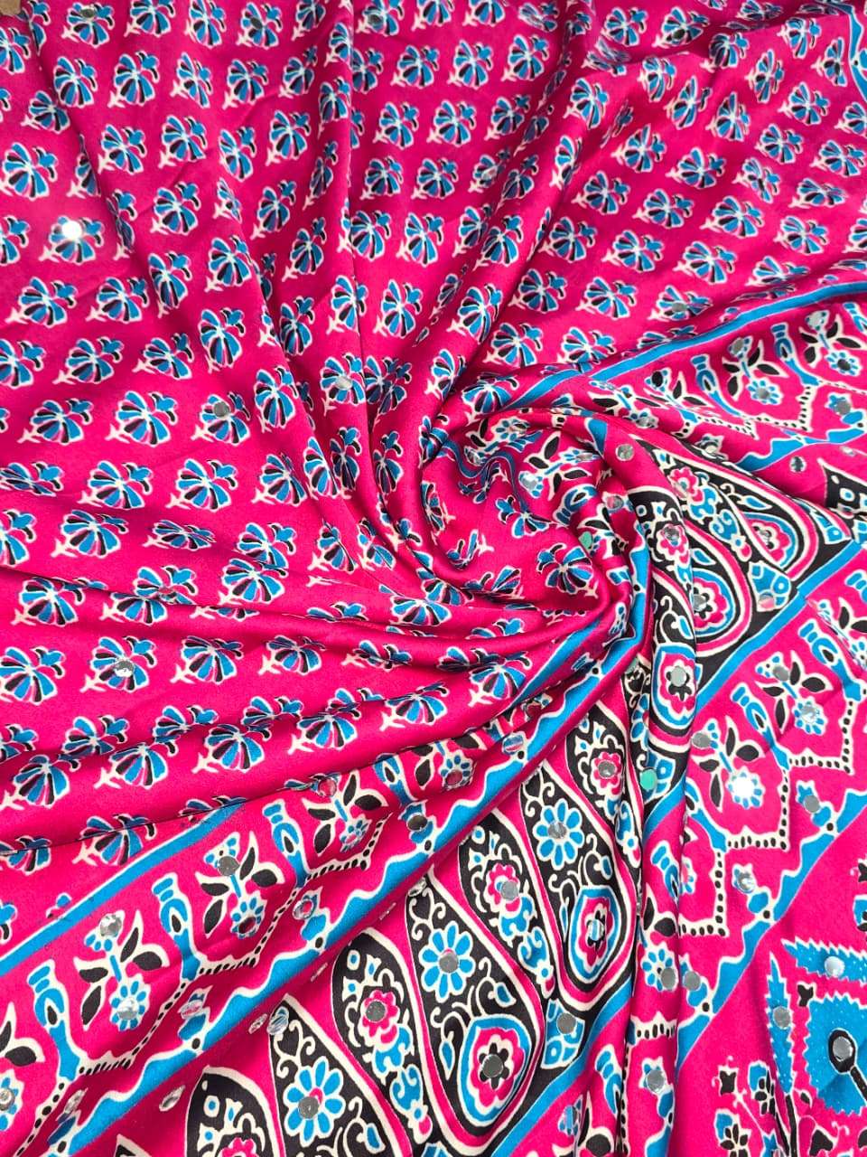 Rajtex fabrics Modal Satin ajrakh print saree With Heavy rea...